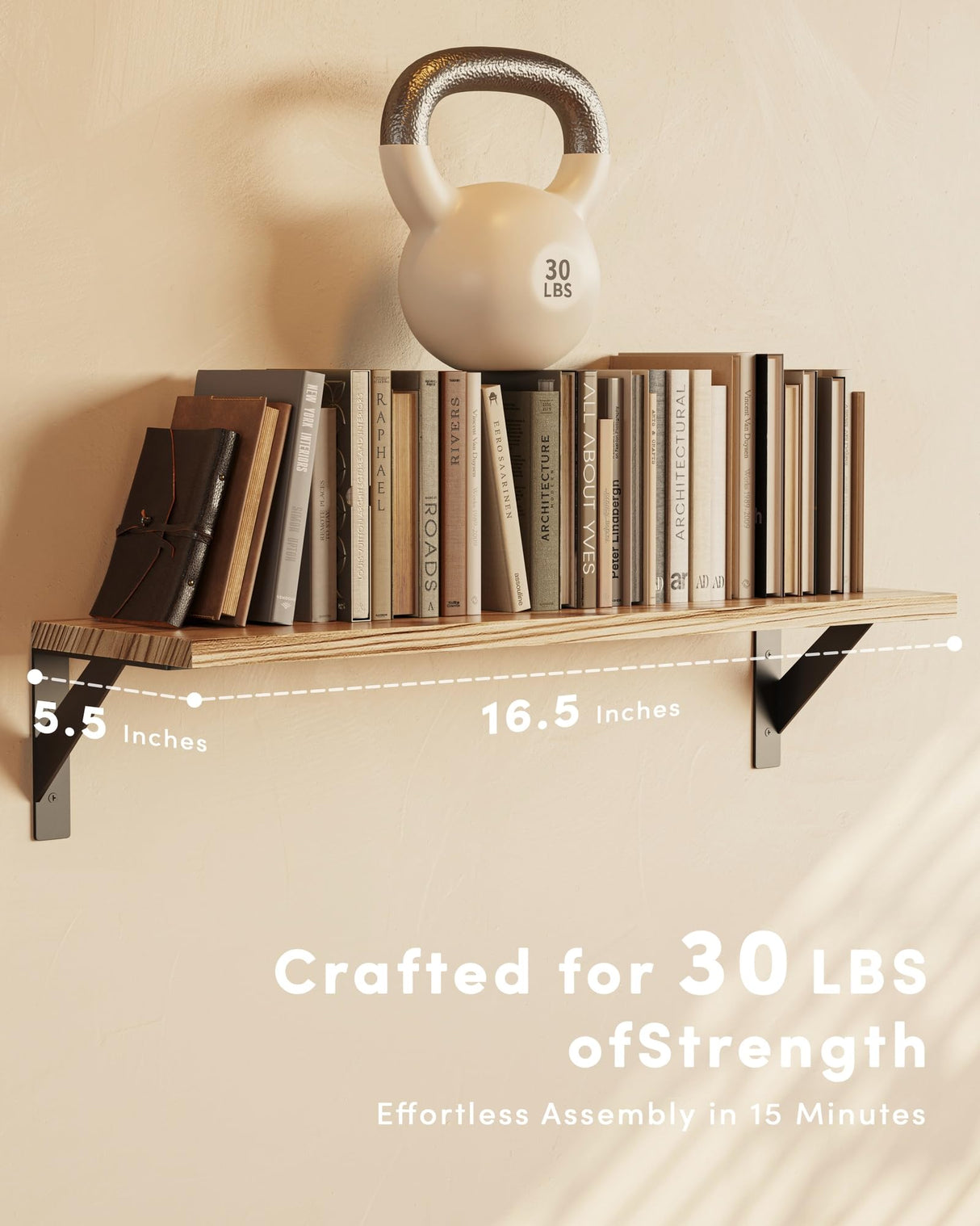 VMROF Floating Shelves for Wall, Wall Mount Book Shelf, Hanging Shelves, Wall Bookshelf for Bedroom, Office, Living Room (Light Brown, 17 Inches) VMROF