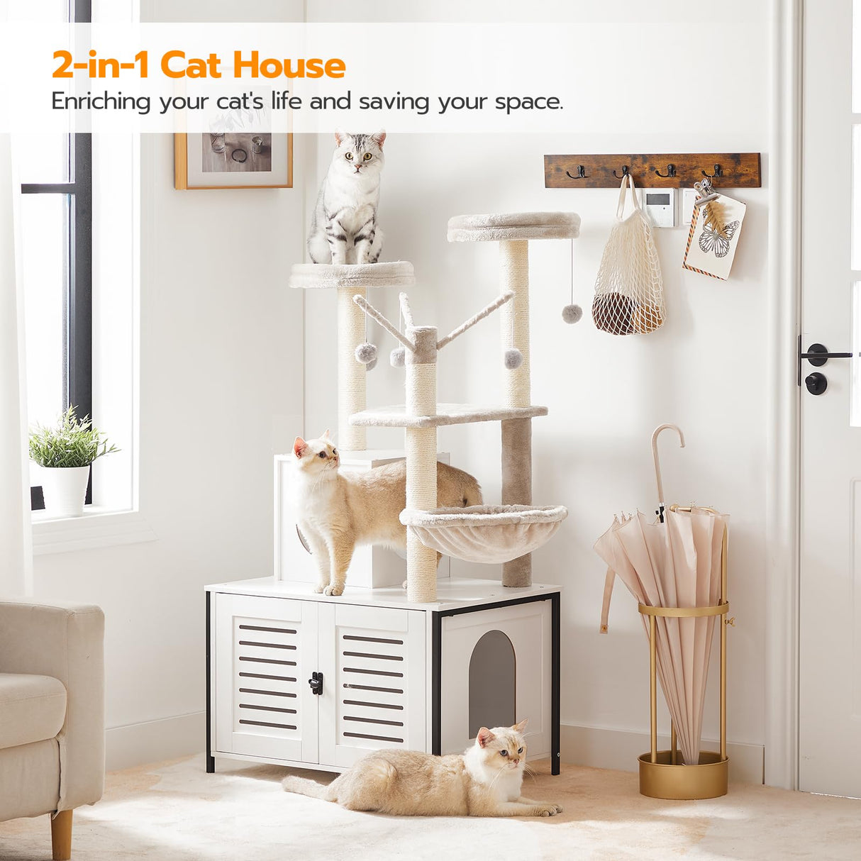HOOBRO Cat Tree with Scratching Posts, Cat Tower Litter Box Enclosure Furniture for Indoor Cats, All-in-One Wooden Cat House Condo with Cat Hammock, Detachable Teaser Sticks, White BW14MZ03 HOOBRO
