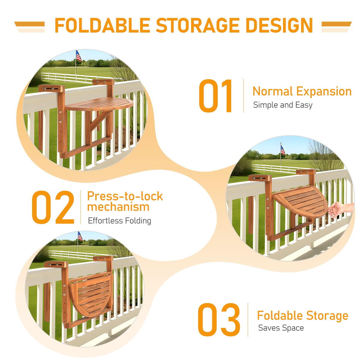 Outvita Balcony Table, Acacia Wood Folding Balcony Bar Table for Railings, 65LBS Load-Bearing Adjustable Height & Width Hanging Bar for Patio, Deck, Porch – Semicircular Outvita