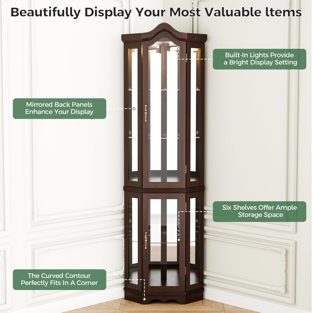 Trygoal 70" H Lighted Corner Curio Cabinet, Curved Wood Corner Cabinet with Tempered Glass Doors, Glass Display Case with Bulb for Living Room, Bedroom, Dark Cherry Trygoal