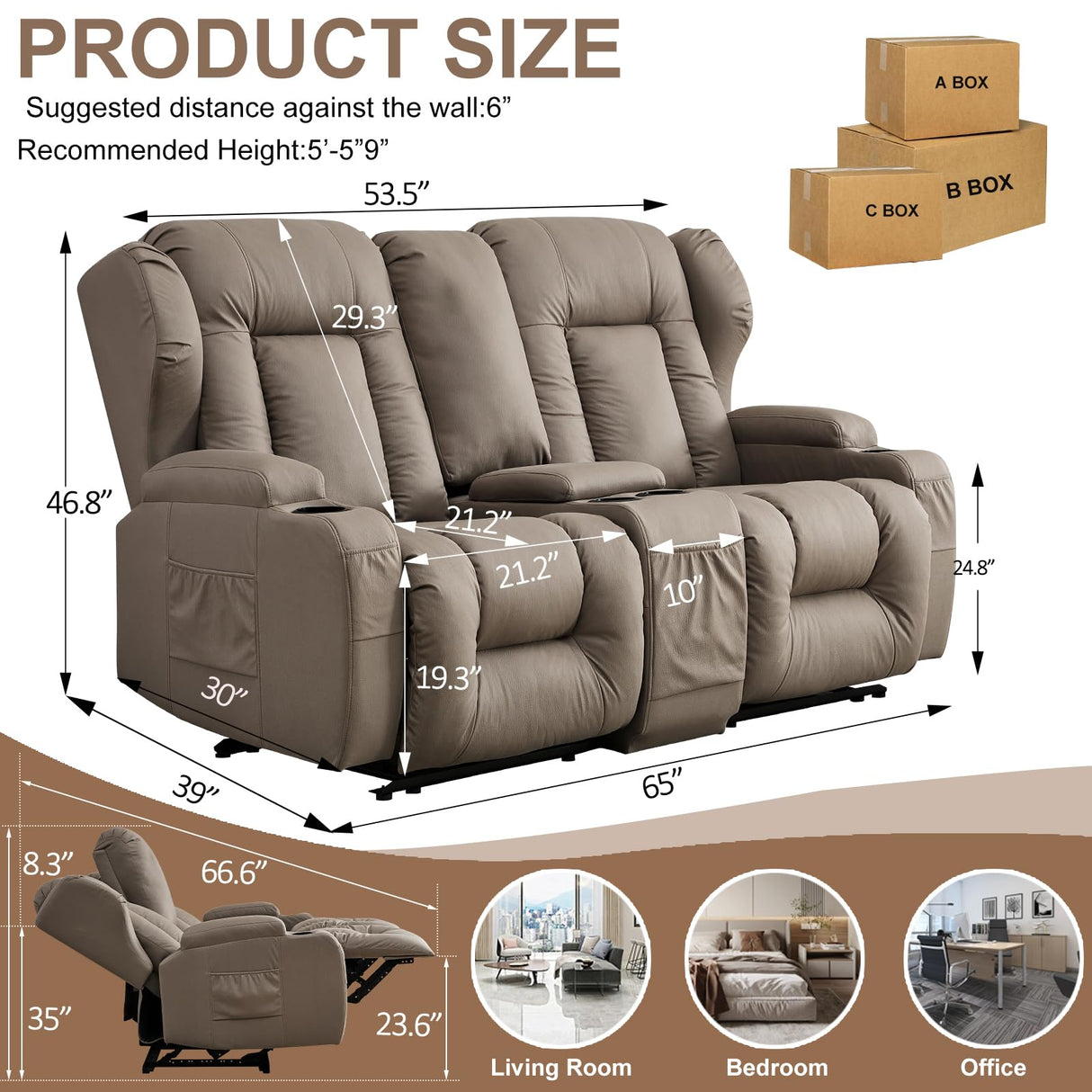 SAMERY 65.5" RV Loveseat Recliner Double Recliner RV Sofa & Console | Wall Hugger Loveseat Reclining RV | RV Theater Seats | RV Couch | RV Home Theater Seating Furniture (Fabric Khaki) SAMERY