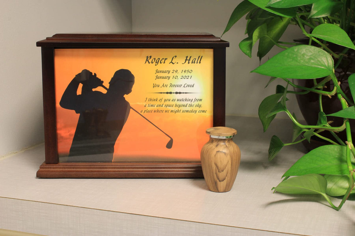 Personalized Oak Wood Finish Keepsake Cremation Urn for Ashes - Aluminum Urn with Painted Oak Wood Finish - 3 Cubic Inch Capacity [2.5 tablespoons of Mainely Urns