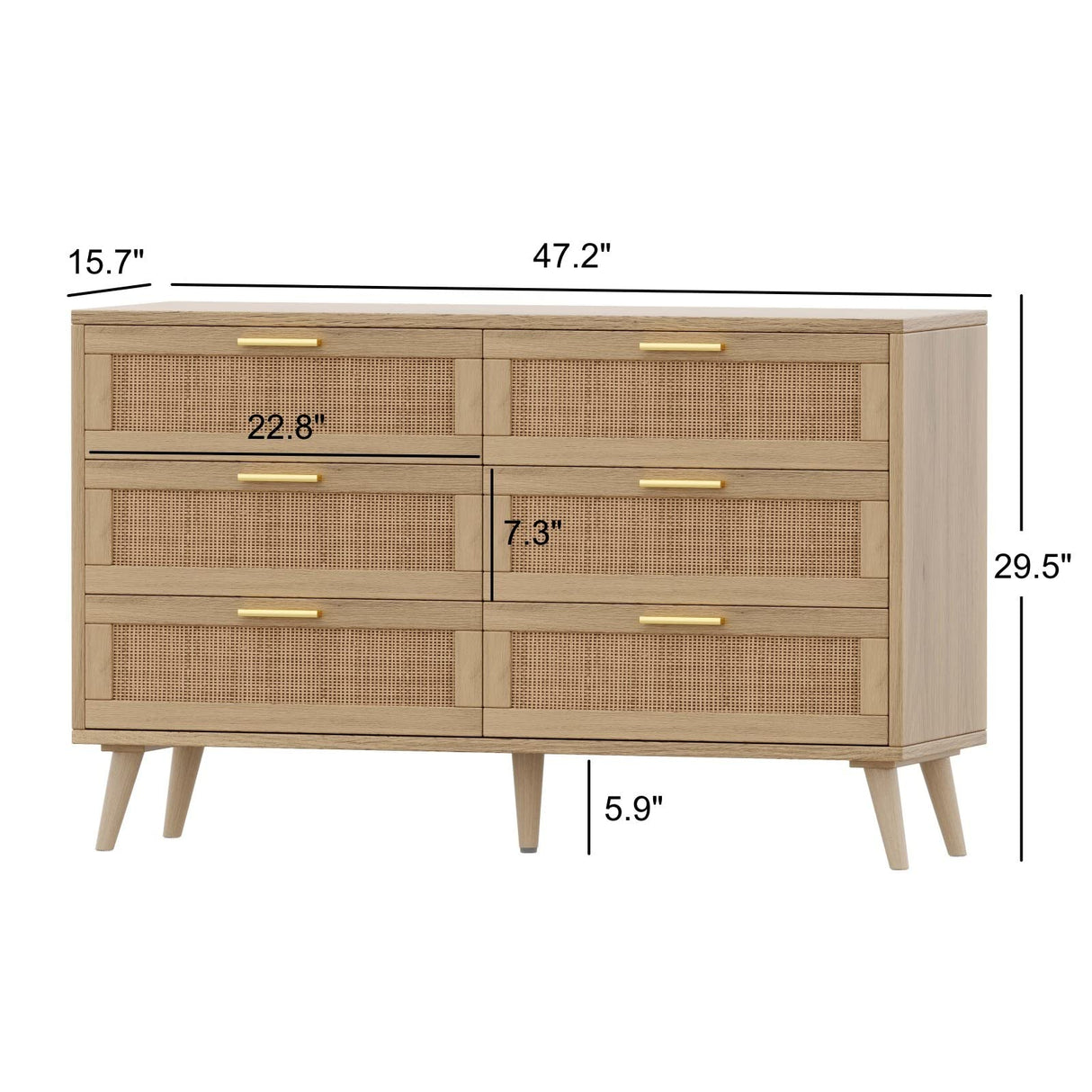 Rovaurx 6 Drawer Double Dresser for Bedroom, Rattan Chest of Dressers, Modern Wooden Dresser Chest with Golden Handles, Beside Table for Closet, Living Room and Entryway, Natural RDG001M Rovaurx