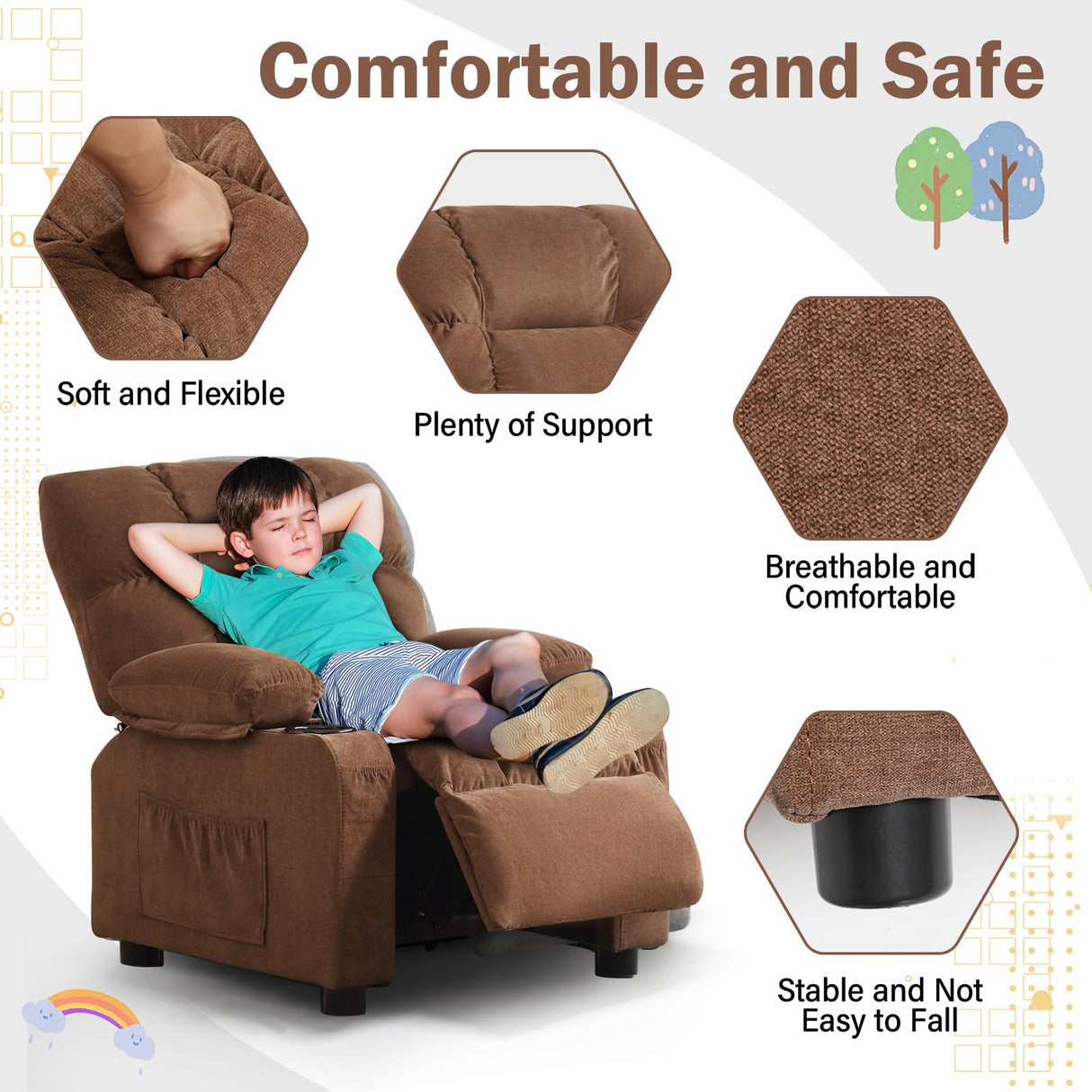 BOSMILLER Kids Recliner Chair, Push Back Toddler Recliner with Cup Holders & Side Pockets, Adjustable Footrest & Headrest Kids Sofa for Boys Girls 3+ Age Group (Deep Brown) BOSMILLER