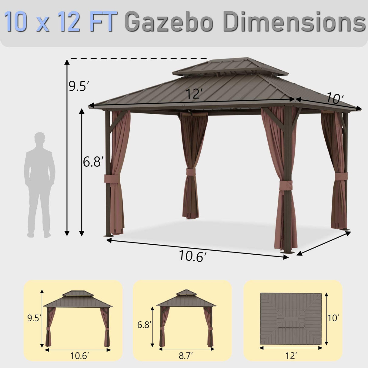Yardsight 10'x12' Hardtop Gazebo, Outdoor Aluminum Frame Galvanized Steel Double Roof Pavilion with Netting and Shaded Curtains, Permanent Metal Pergolas for Patio, Backyard, Deck and Lawns. Yardsight