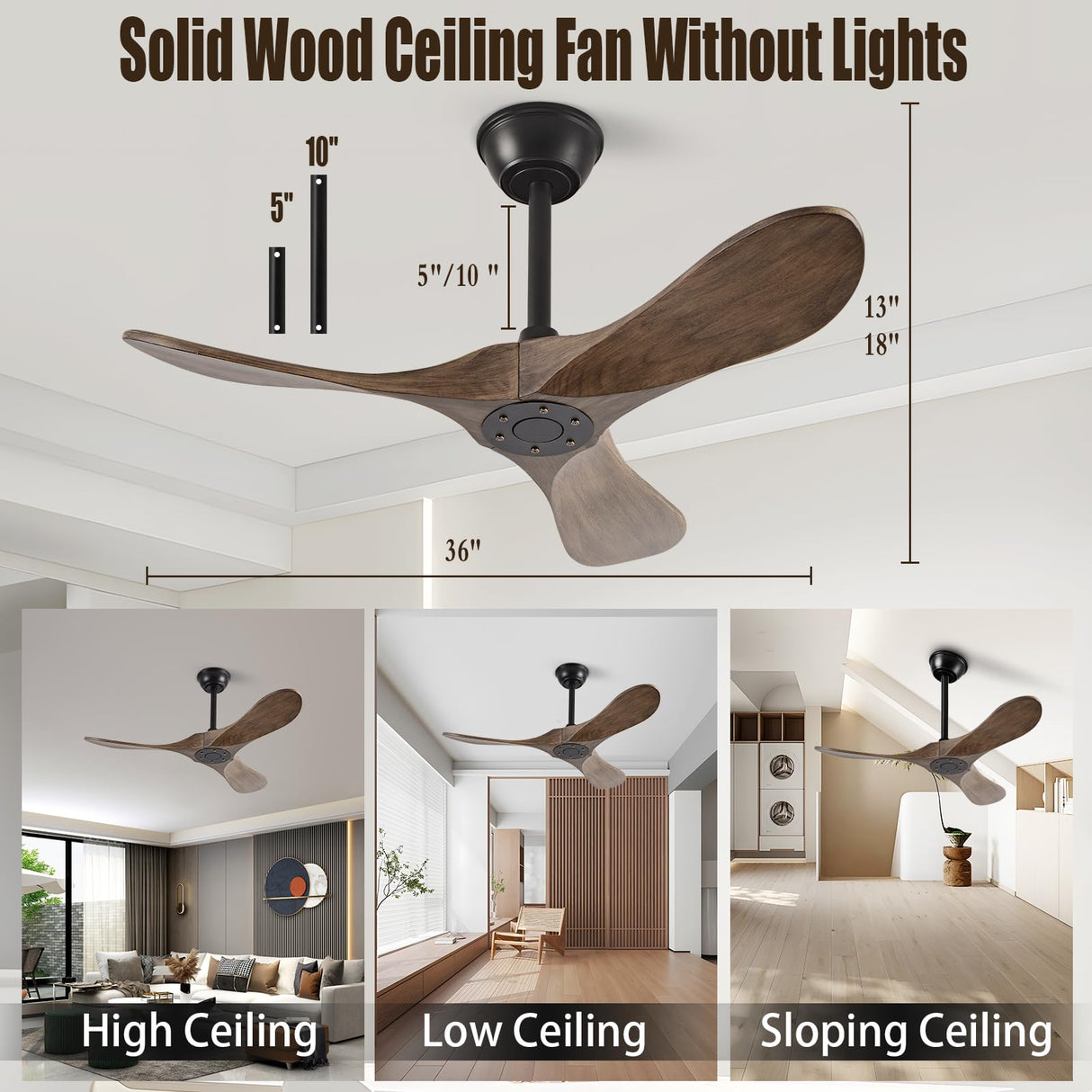 QWO 36" Outdoor Ceiling Fan No Light,Solid Wood Small Bedroom Ceiling Fans Without Lights, Outdoor Ceiling Fans For Patios, Porch and Living room,High Cfm DC 3 Blade Modern Ceiling Fan With Remote QWO