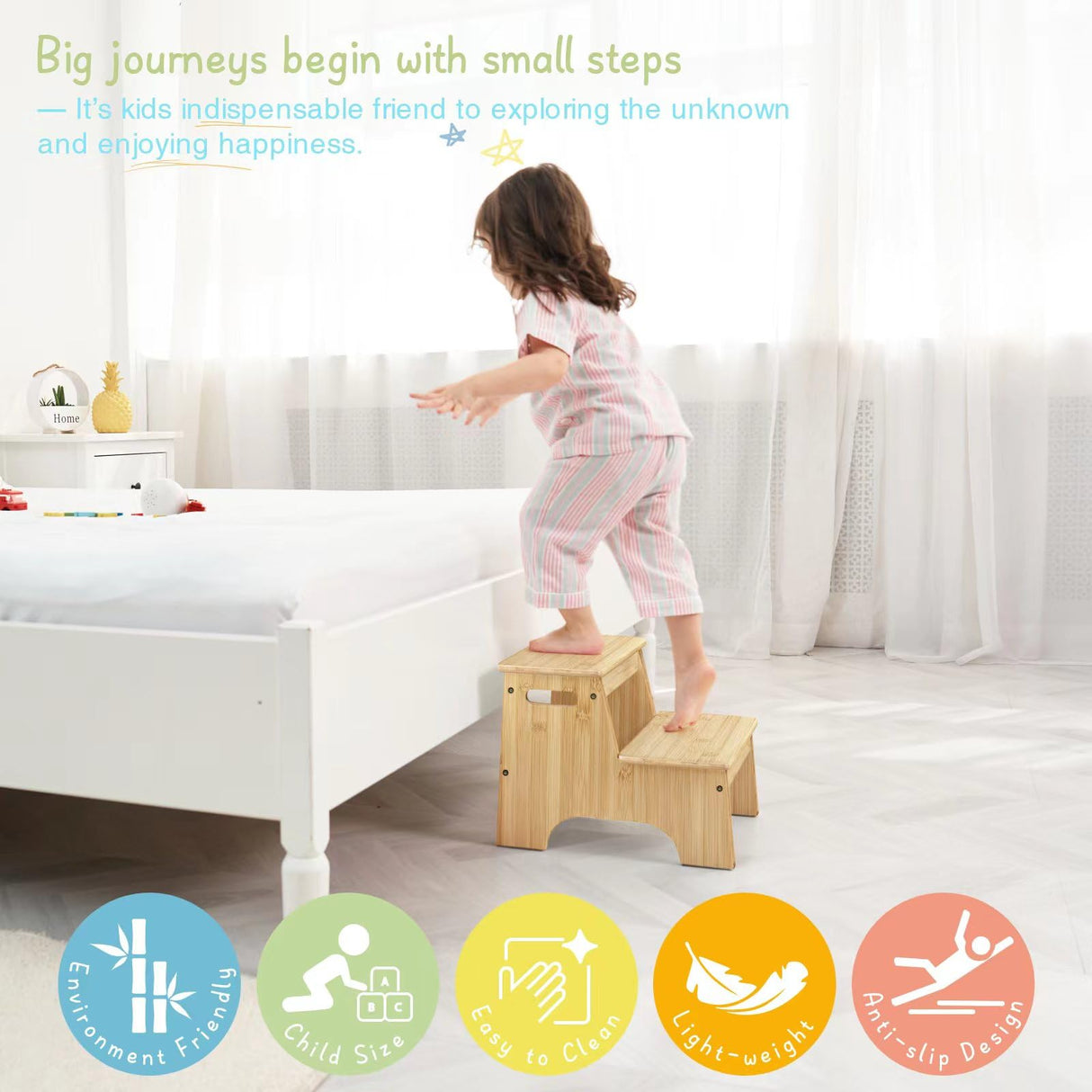 Forbena Wooden 2 Step Stool for Toddlers, Heavy Duty Kids Step Stool for Bathroom Sink Kitchen Counter, Bamboo Wood Non-Slip Kid Children Potty Stepping Stool Seat with Handles for Toilet Bed Forbena