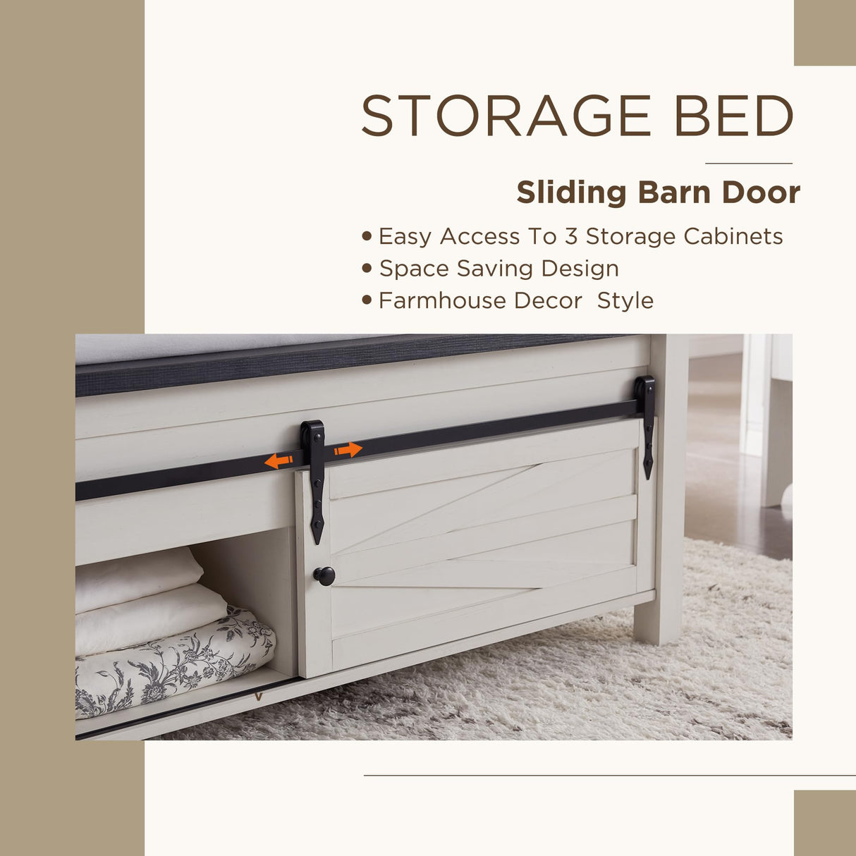 JXQTLINGMU King Farmhouse Wood Bed Frame with Sliding Barn Door Storage Cabinets, Solid Wood Slats Support, Noiseless, No Box Spring Needed, Antique White JXQTLINGMU
