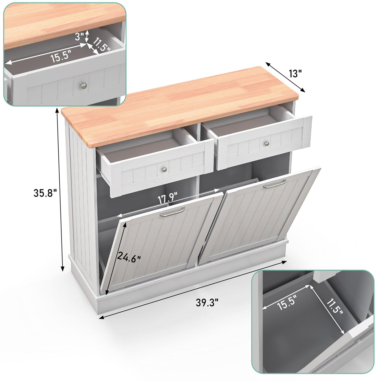 TOLEAD Double Tilt Out Trash Cabinet 20 Gallon,Antique-Style Beadboard Trash Can Cabinet Kitchen with Solid Wood Tabletop & Drawer, Pet Proof Trash Can, Wood Laundry Cabinet TOLEAD