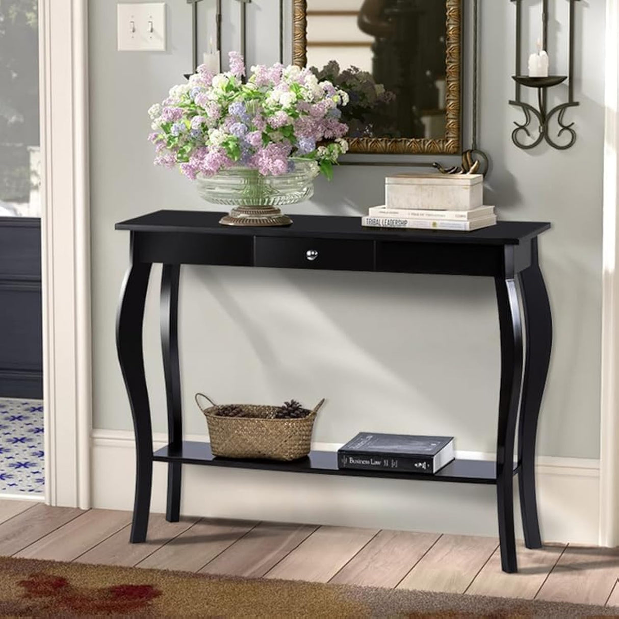 ChooChoo Narrow Console Table with Drawer, Chic Accent Sofa Table, Entryway Table, Black ChooChoo