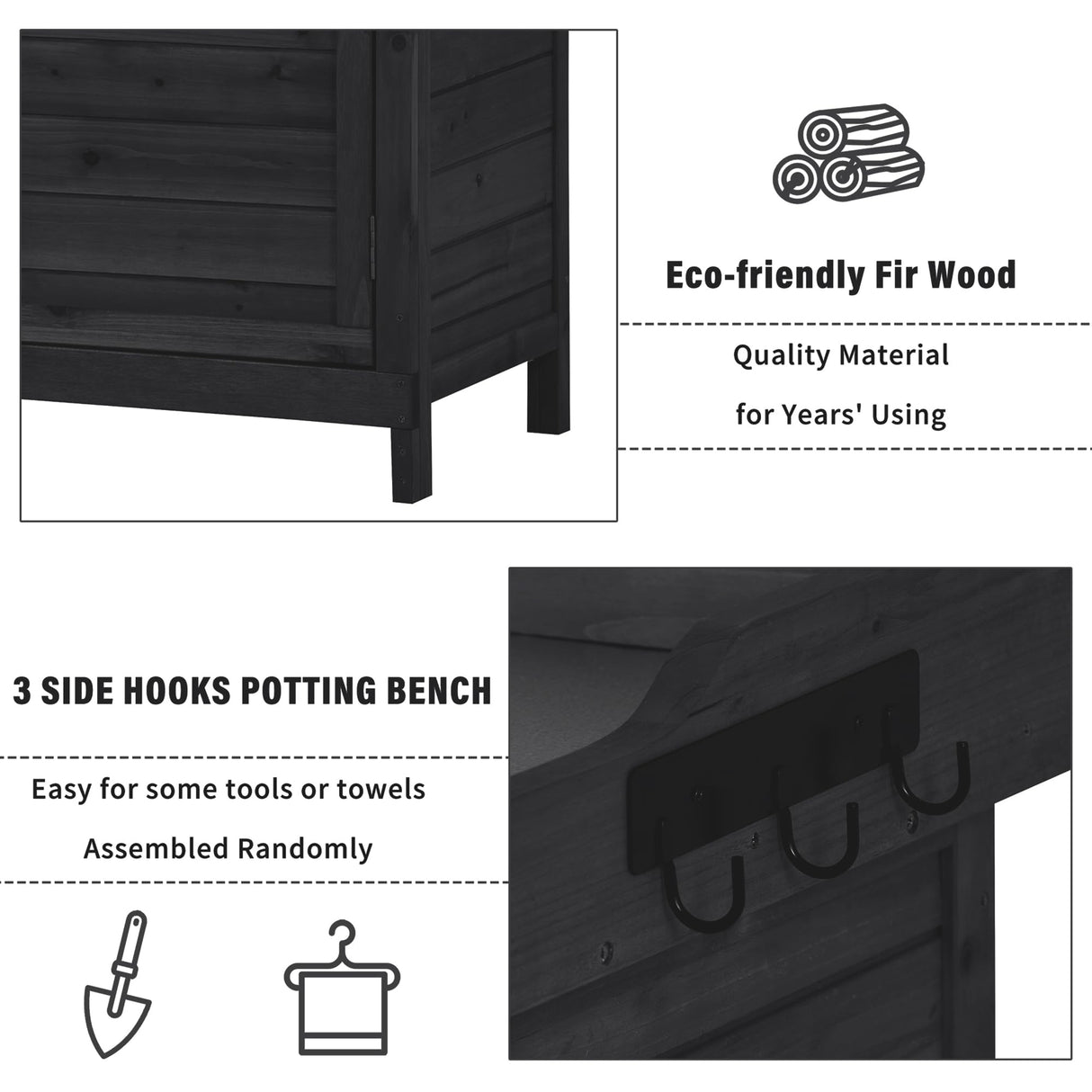 Shaical Outdoor Potting Bench Table 39" Rustic Garden Wood Workstation Storage Cabinet with 2-Tier Shelves and Side Hook, Galvanized Tabletop, Black Shaical