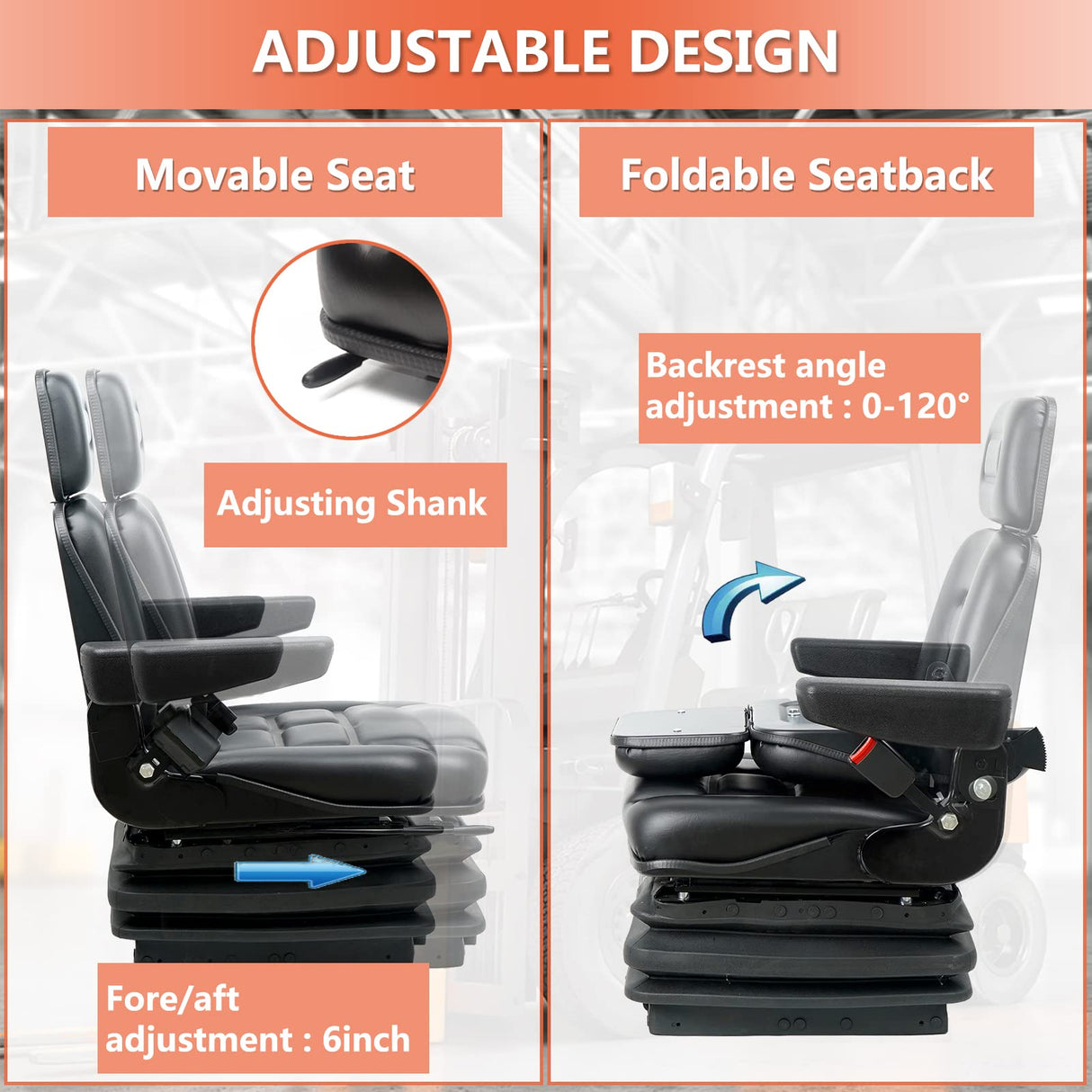 Universal Tractor Suspension Seat with Adjustable Angle Back,Armrest And Safety Belt,for Linde Forklift Tractor,Excavator Skid Loader Backhoe Dozer Telehandler TICSEA