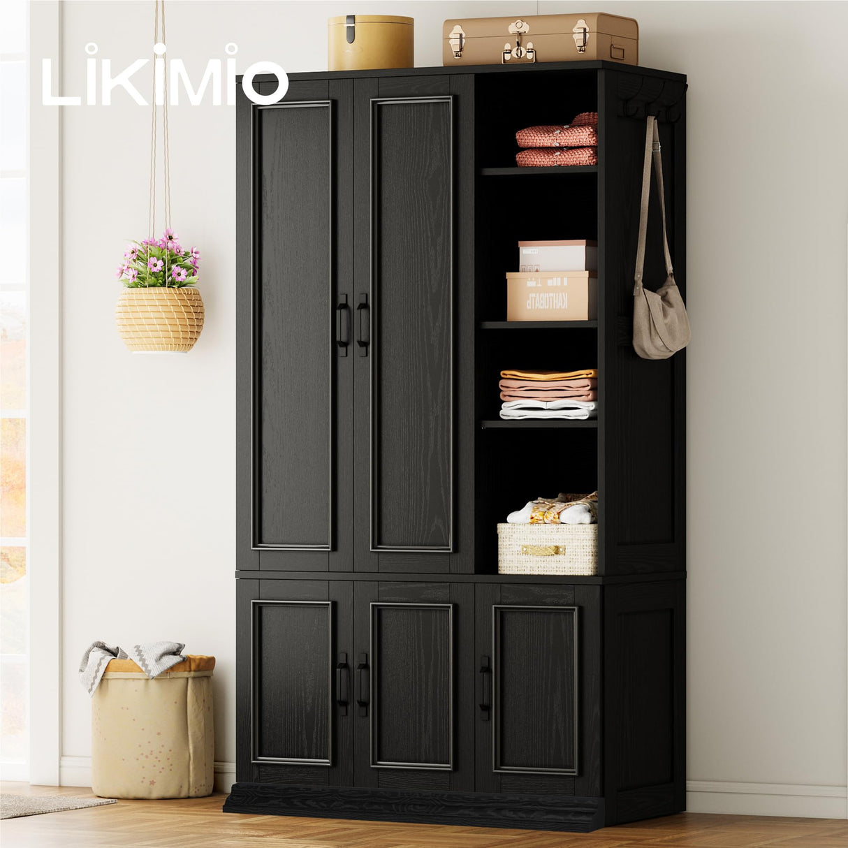 LIKIMIO Armoire Wardrobe Closet 70" H, 5 Doors Bedroom Wooden Wardrobe with 4 Storage Shelves and Hanging Rod, Clothing Storage Cabinet Organizer Combination, Black LIKIMIO