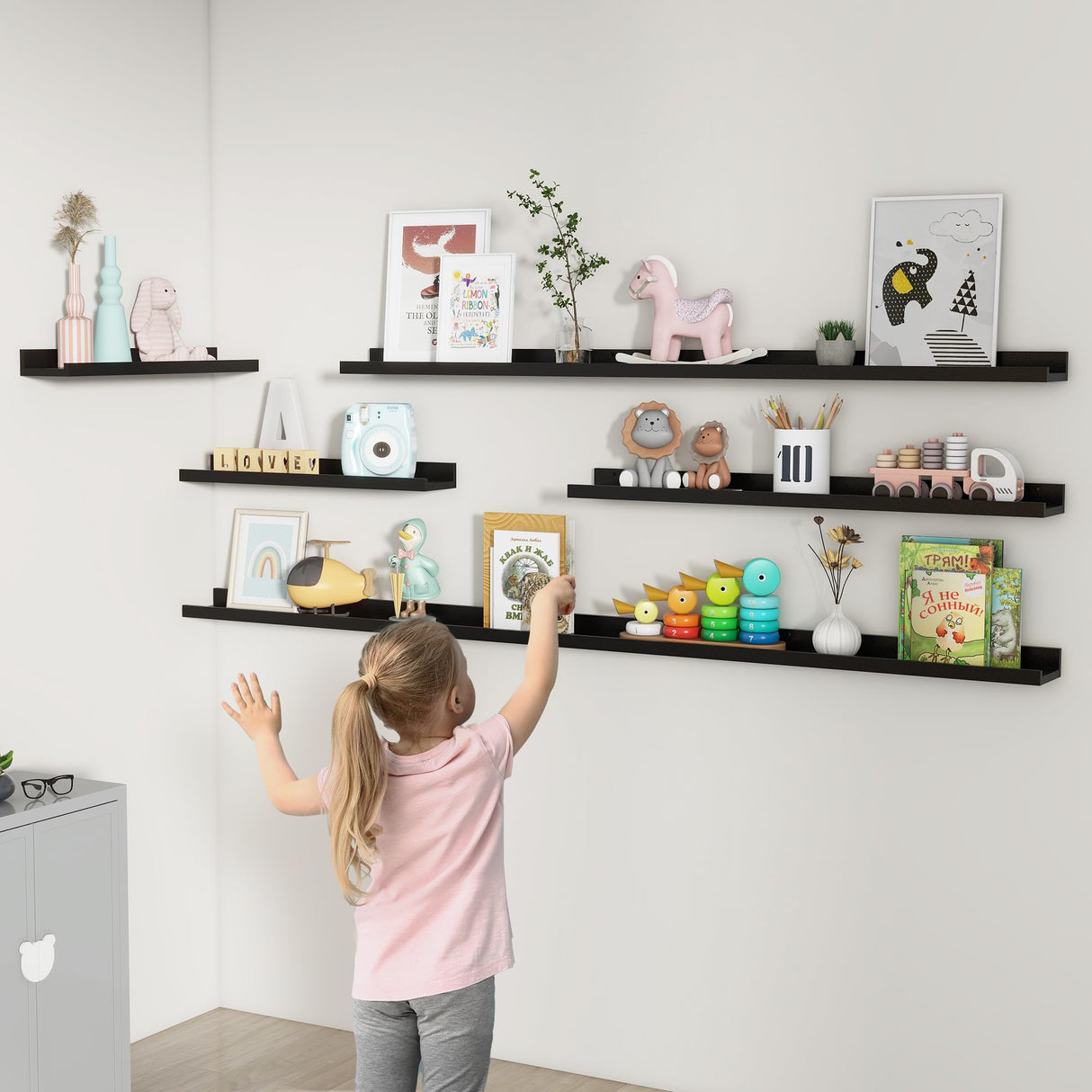 Picture Ledge Shelf, Floating Shelves Set of 2, 72 Inches Long Large Nursery Book Shelves for Toys Storage, Kids Bookshelf Wall Mounted for Living Room Bedroom Decor Books Photo Frames, Black FLYJOE