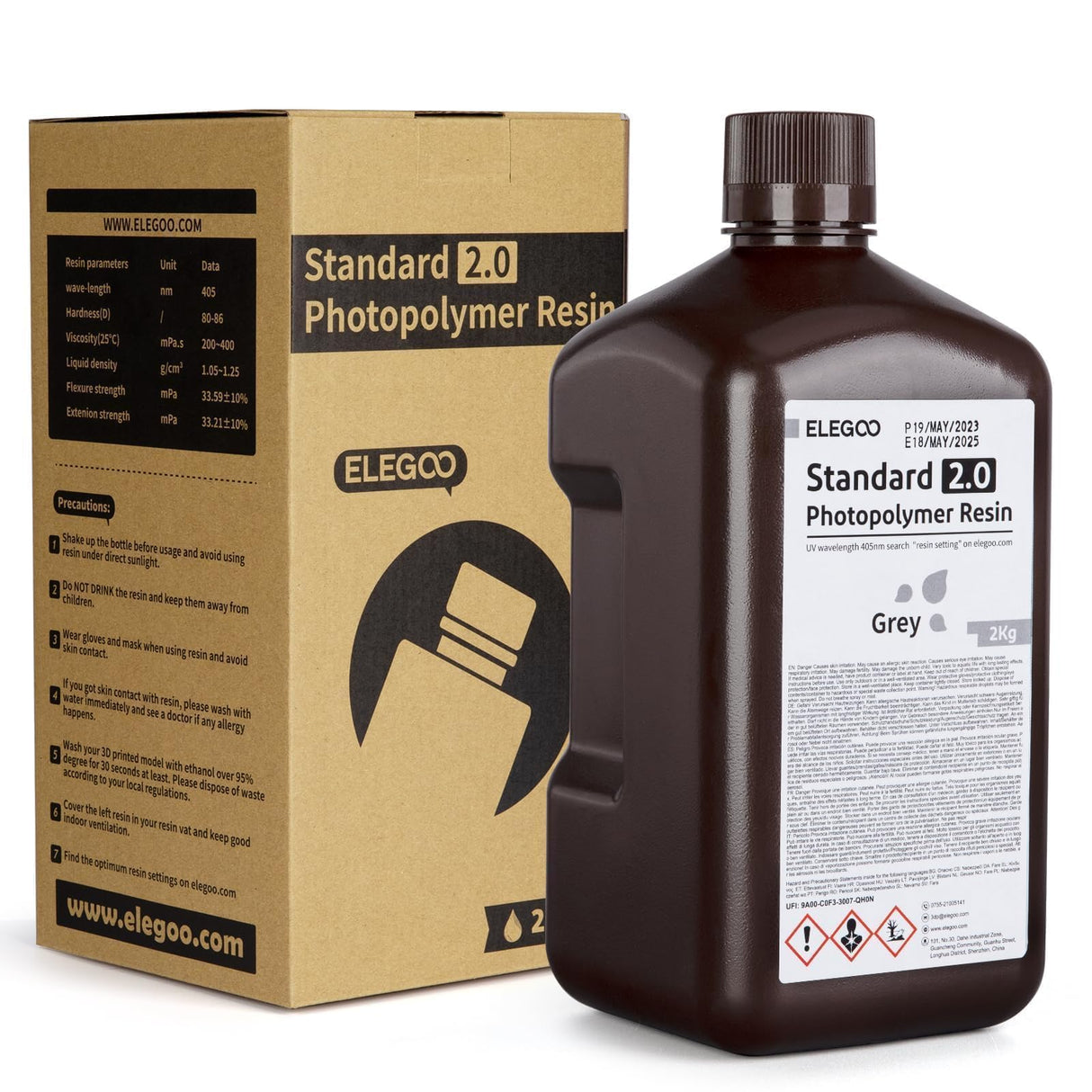 ELEGOO Upgraded Standard 3D Printer Resin 2.0 405nm UV Curing Photopolymer Resin for Mars Saturn Jupiter MSLA DLP LCD 3D Printing, High Precision, Low Odor, Grey 2000g ELEGOO