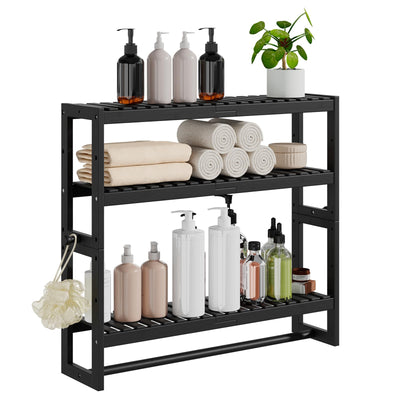 RRX Bathroom Shelf Storage Organizer, Bathroom Shelf 3-Tier Adjustable Layer Bamboo Organizer with Bar, Hanging, Freestanding Over Toilet Utility Shelves, Black