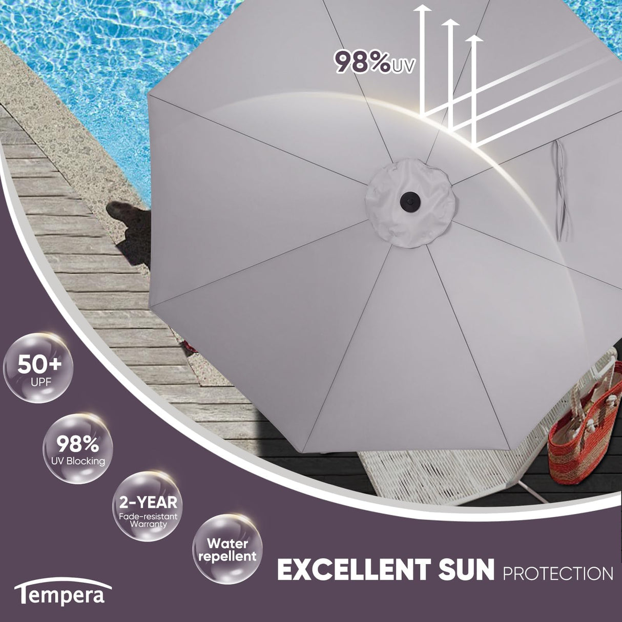 Tempera 9ft Patio Market Outdoor Table Umbrella with Push Button Tilt and Crank,Large Sun Umbrella with Sturdy Pole&Fade resistant canopy,Easy to set, Grey Tempera