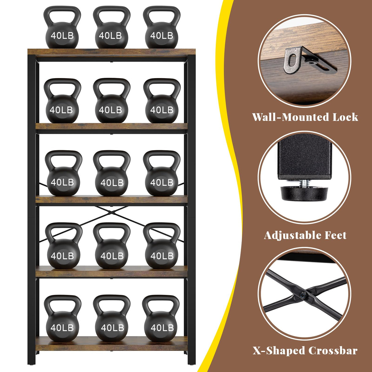 iabifo 5-Tier Adjustable Heavy Duty Bookshelf, Industrial Wooden Open Storage Rack with Black Metal Frame, Vintage Bookcase with Lock Wall Design, Rustic Brown iabifo