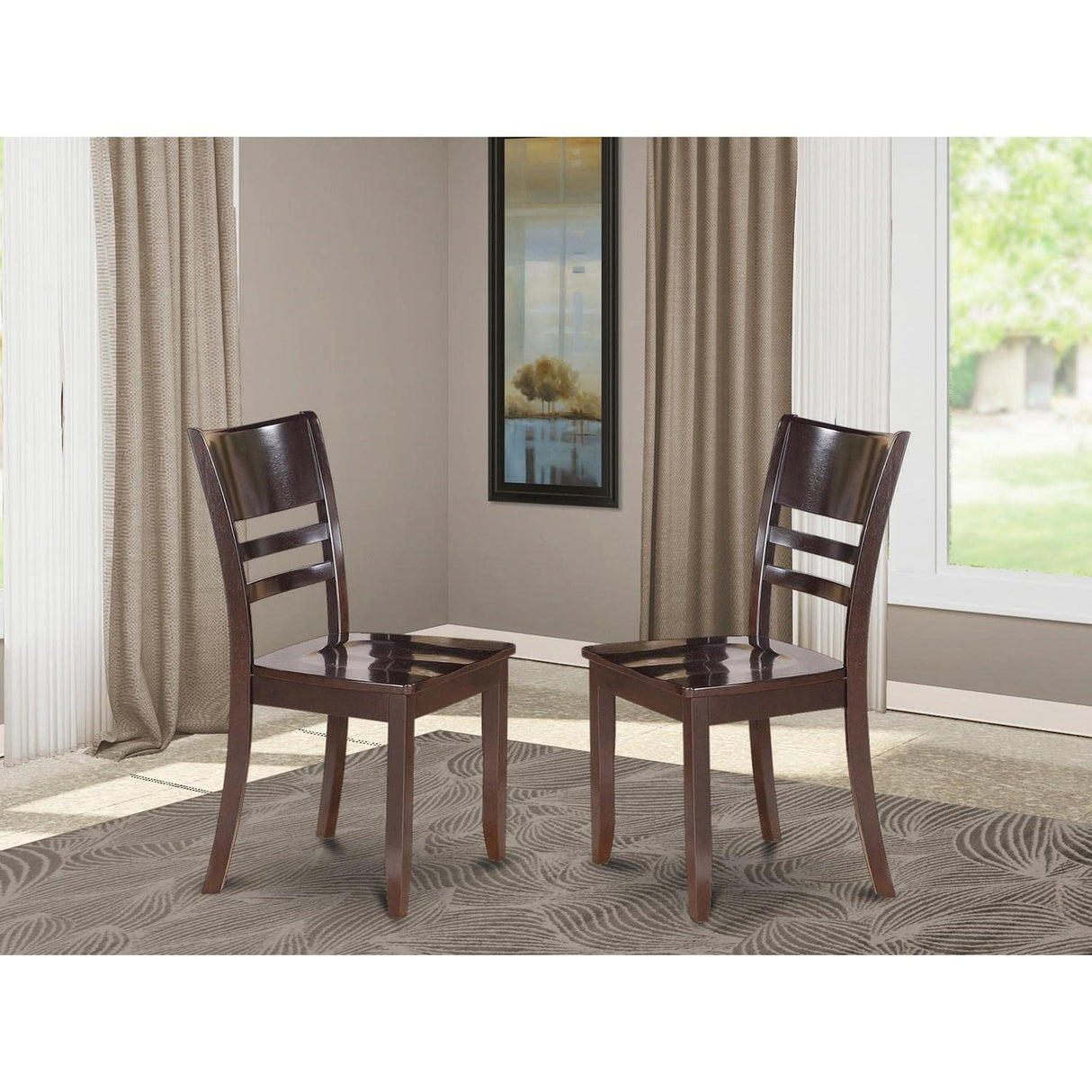 East West Furniture Lynfield Dining Room Ladder Back Solid Wood Seat Chairs, Set of 2, Cappuccino East West Furniture