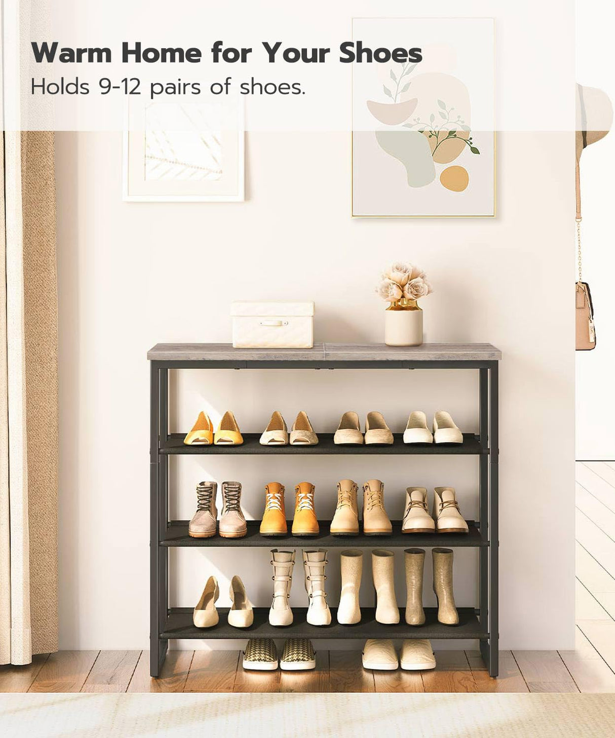 HOOBRO Shoe Rack, 4 Tier Shoe Storage Organizer with 3 Oxford Fabric Shelves and Top Panel, Holds 12-16 Pairs of Shoes for Entryway and Closet, Industrial, Greige BG47XJ01G1 HOOBRO