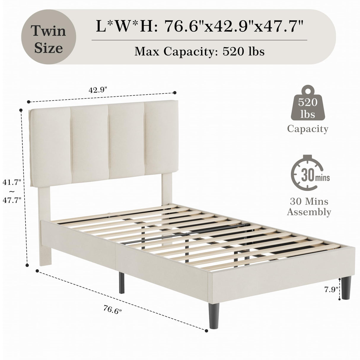 VECELO Twin Bed Frame with Upholstered Headboard, Heavy-Duty Platform Bedframe with Strong Wooden Slats Support, No Boxing Spring Needed, Pale Beige VECELO