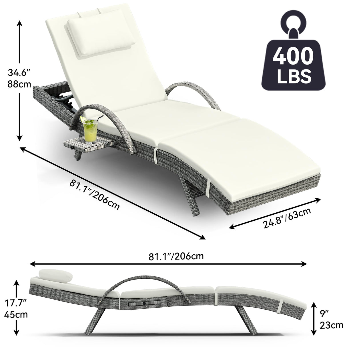 YITAHOME Patio Chaise Lounge Chair Set of 4, Wicker Chaise Lounge Outdoor Rattan Reclining Chair with Armrests/Pull-out Cup Holder/5-Position Backrest/Cushion & Headrest-Beige YITAHOME