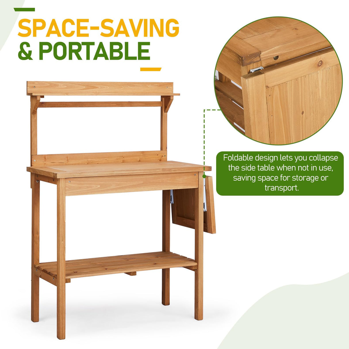 Outdoor Garden Potting Bench Table, Wooden Horticulture Planting Worstation with Metal Tabletop, 2 Drawers, Storage Shelf, 3 Hooks, Natural Wood (115 * 45.5 * 130CM) Generic
