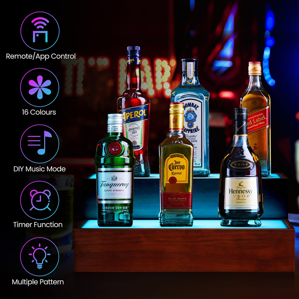 B4Life LED Lighted Liquor Bottle Display Shelf, 2 Tier 16 Inch LED Bar Shelves for Liquor Bottles, Bar Bottle Display Shelf, Lighted Liquor Shelf, Bar Lights for Liquor Shelves B4Life