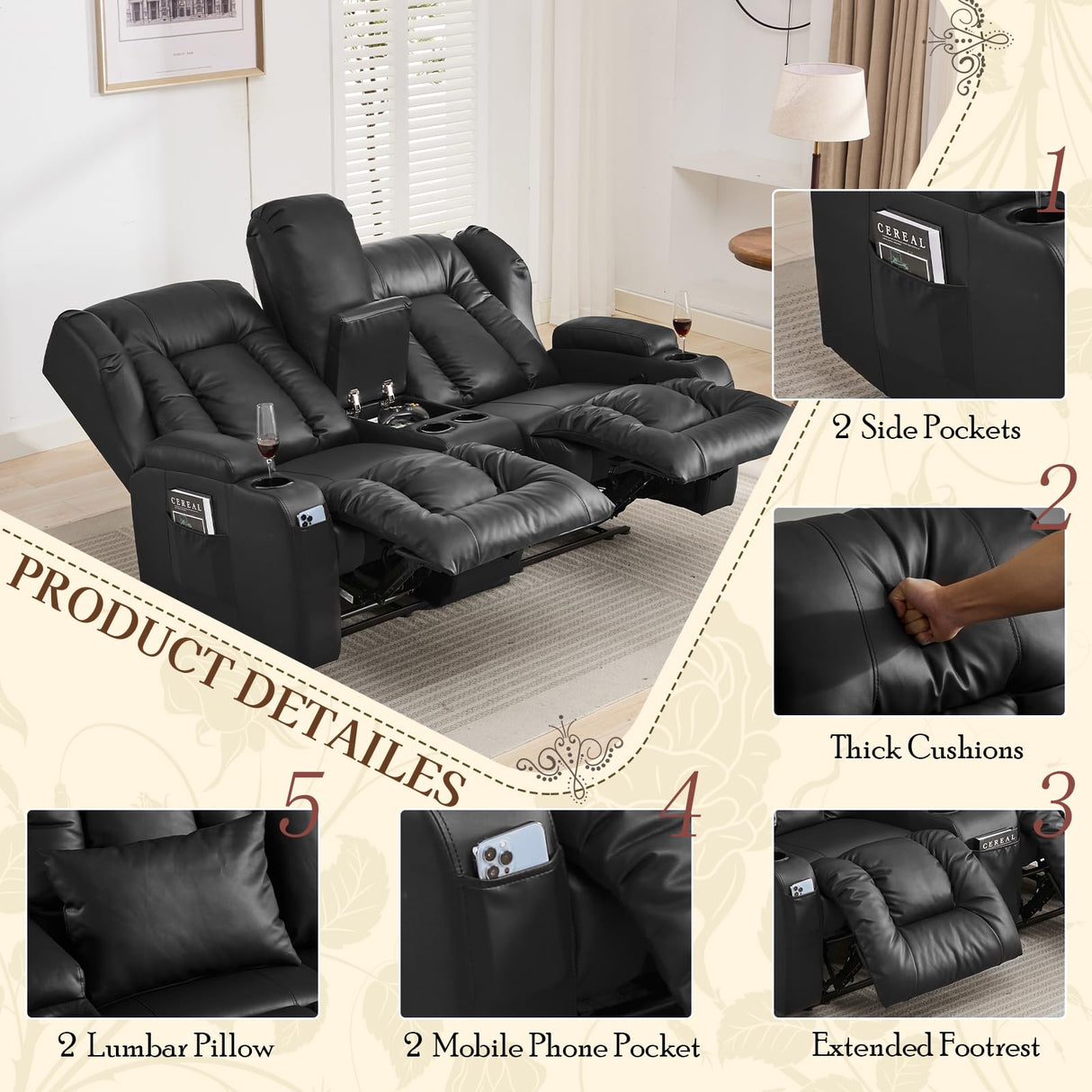 SAMERY 66" RV Loveseat Recliner Sofa, 6" Wall Hugger Reclining Loveseat with Storage Console, Manual Faux Leather Recliner Sofa Couch for Living Room RV Theater Seating with Cup Holder SAMERY