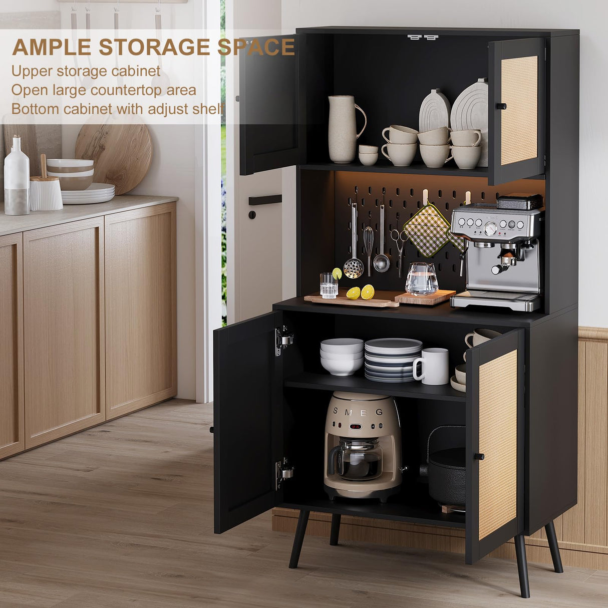 Svimi Rattan Kitchen Pantry Storage Cabinet with Power Outlets, LED Lights, Pegboard - 62.6" Tall Hutch Sideboard Buffet Cabinet, Organized Storage for Kitchen, Dining Room and Hallway Black Svimi