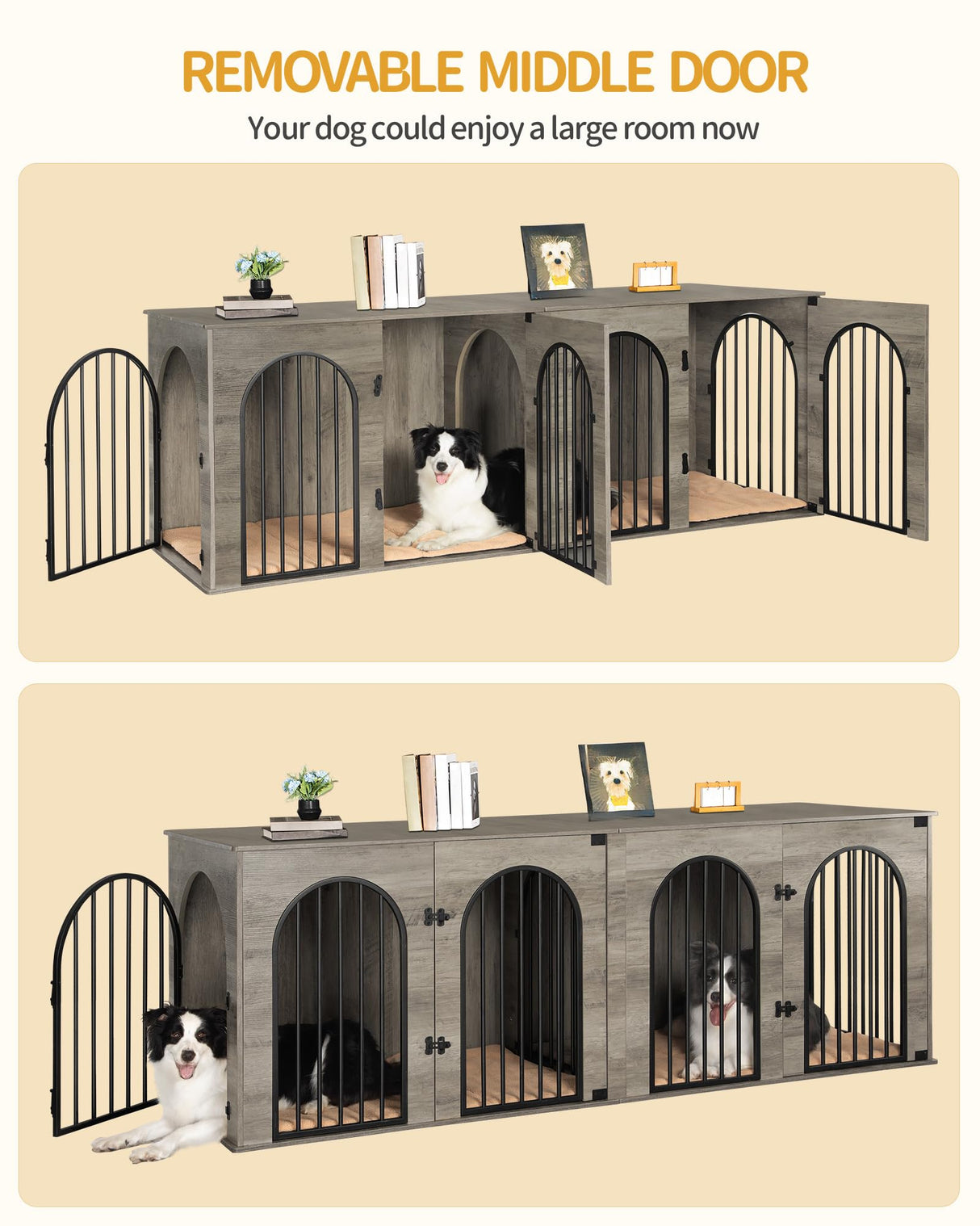 Hzuaneri 88.4" Dog Crate Furniture for 2 Dogs, Heavy Duty Indoor Dog Kennel TV Stand, XXL Wooden Dog Cage with Divider for Medium Large Dogs, End Table Dog Crate with Cushion, Greige Black DFC84005BV1 Hzuaneri