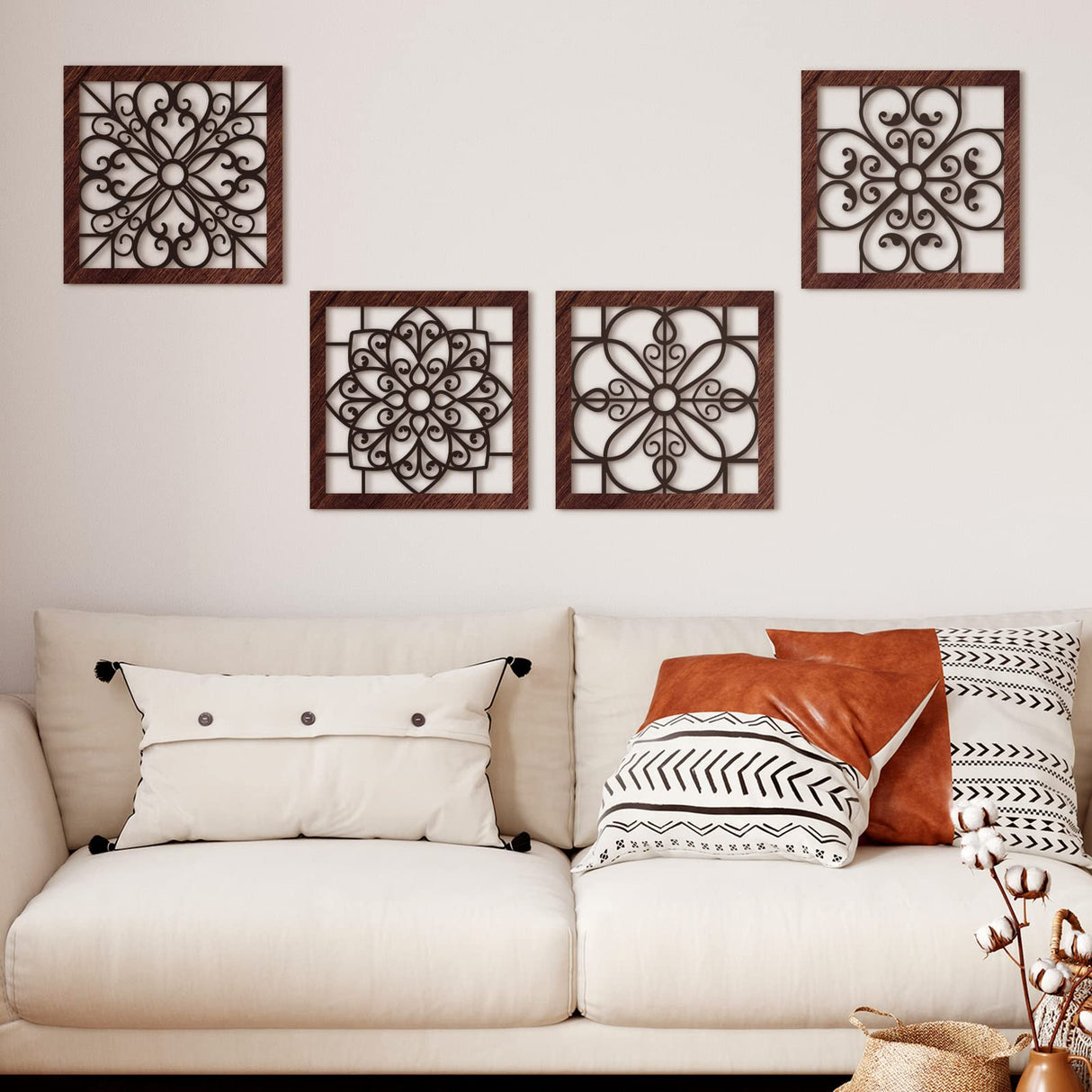 Yulejo 4 Pieces Thicken Rustic Wall Decor Farmhouse Wall Art Decor Wooden Hollow Carved Design Rustic Wall Art for Living Room Bedroom Hallway Decor Office Kitchen Wall Decoration (Brown, Black) Yulejo