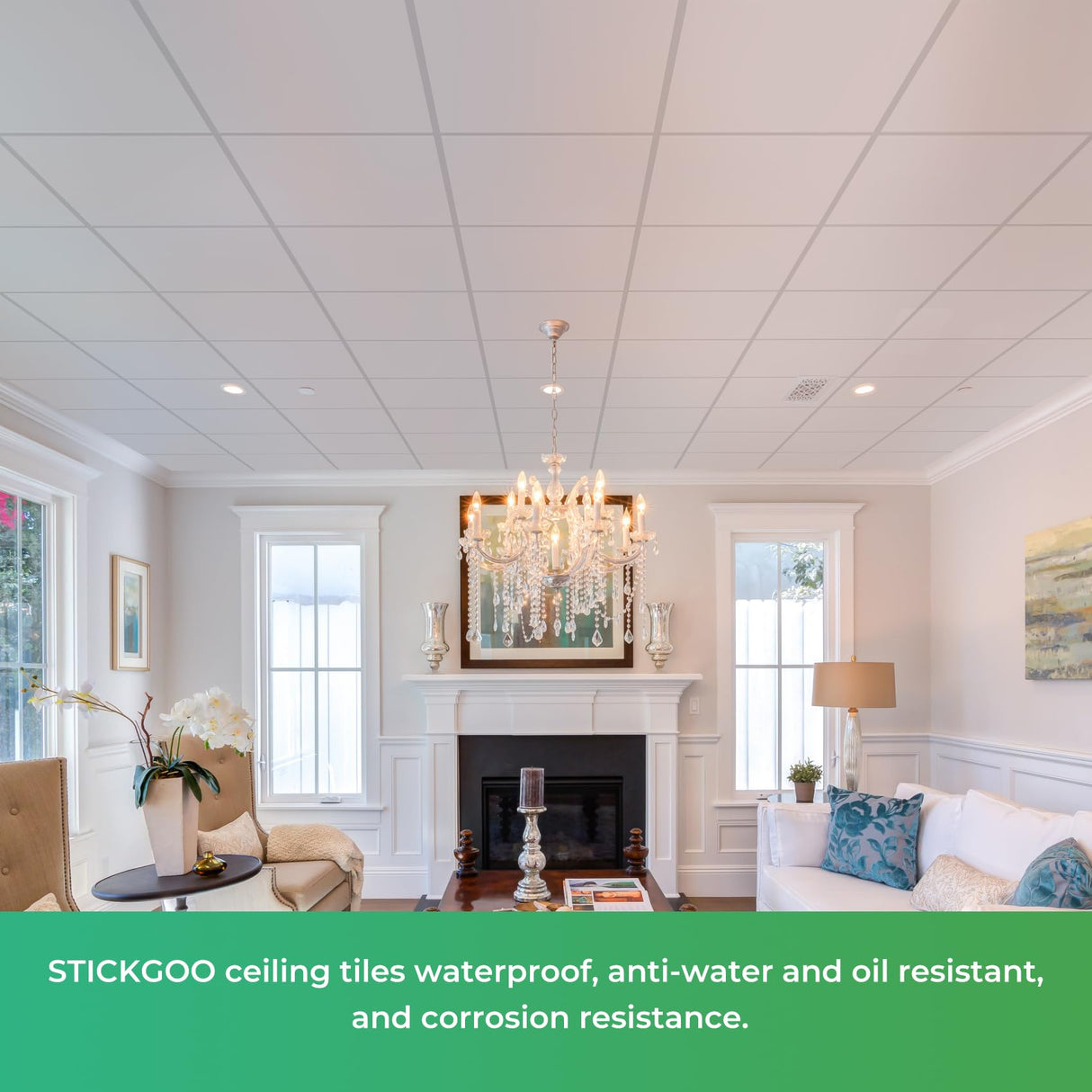 STICKGOO Smooth Drop Ceiling Tiles 2ft x 2ft, PVC Ceiling Tile 24 x 24in - Waterproof, Fire-Rated to Prevent Breakage - Package of 12 Tiles Cover 48 Sq. Ft, White STICKGOO