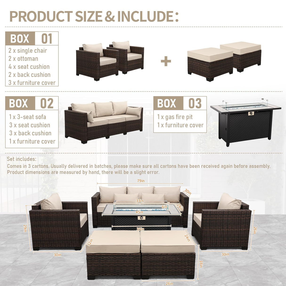 Oasishine 6 Pieces Outdoor Furniture 60000BTU Outdoor Propane Fire Pit Wicker Patio Furniture Set 45" Steel Fire Table Anti-Slip Cushions Waterproof Covers, Khaki Oasishine