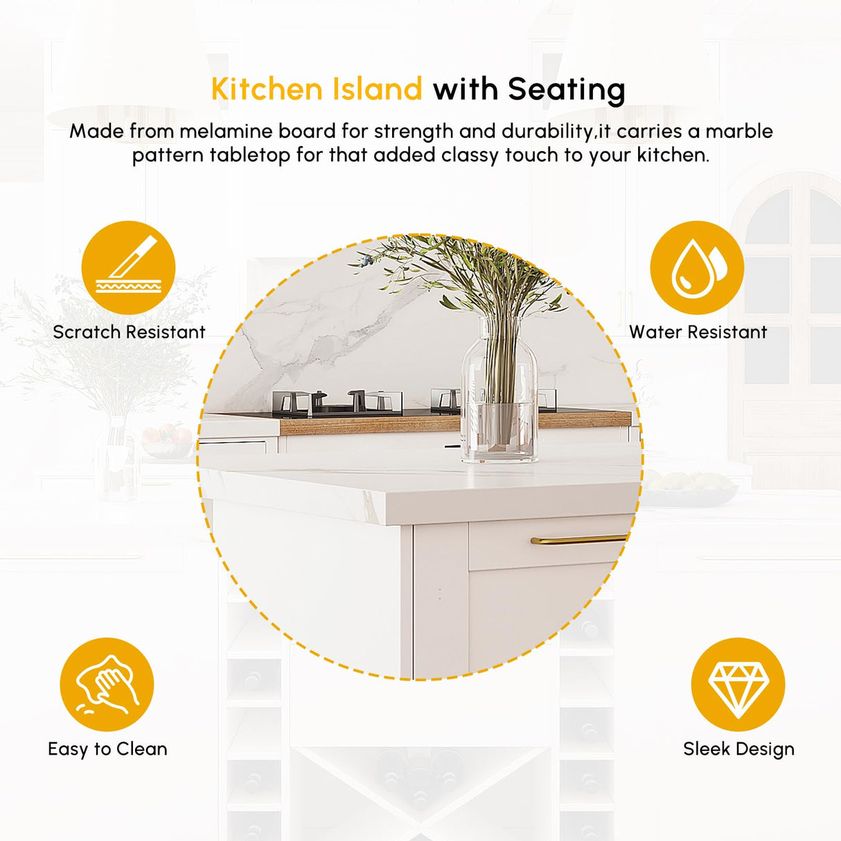 homary Kitchen Island 72" Modern White Melamine Islands Table with Wine Storage & Seating Space Sturdy Board Kitchen Cabinet with Extra Storage for Home homary