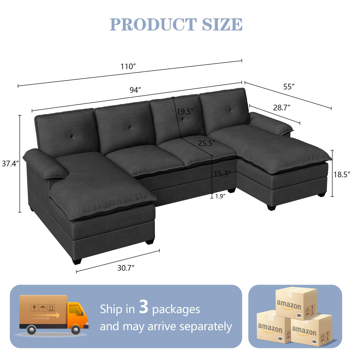 110" Sectional Couches for Living Room,U Shaped Big Sofa Couch with Double Chaise,Modern 4 Seat Modular Sofa Couches with Thick Cushion & Soft Backrest,Black Shintenchi