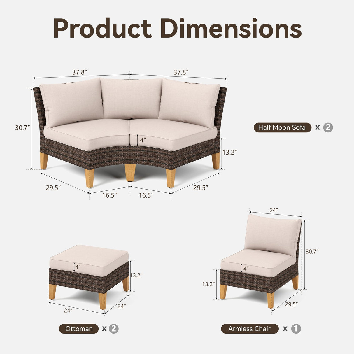 GREEN PARTY 7 Pieces Wicker Patio Furniture Set, All-Weather Outdoor Rattan Half-Moon Patio Curved Sectional Sofa Conversation Set for Garden, Backyard, 2 x Ottomans GREEN PARTY