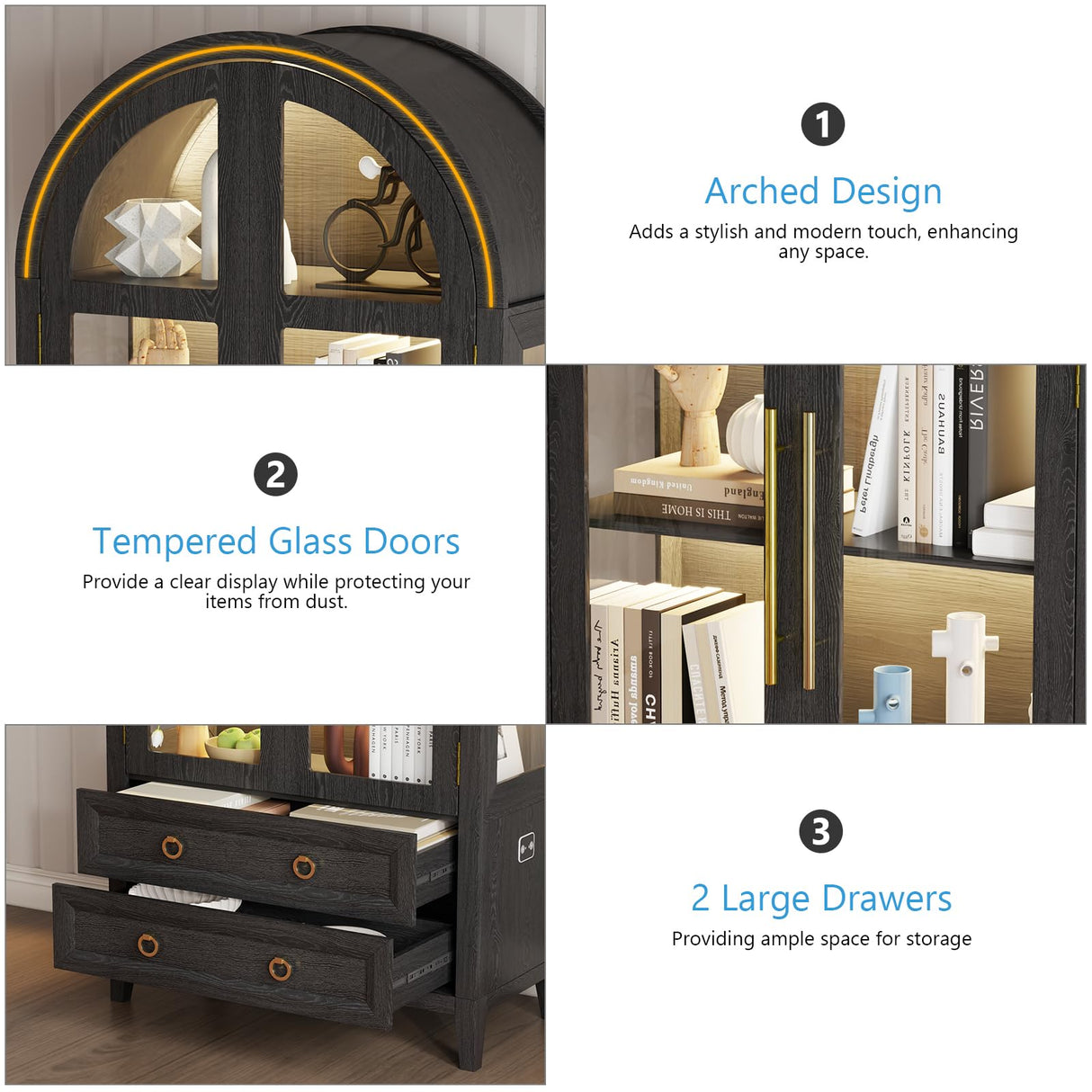 EOAWE Arched Curio Cabinet with Glass Doors, 4-Tier Display Cabinet with 2 Drawers, Tall Bookcase with 3 Color Lights, Display Case, Kitchen Pantry (Black) EOAWE