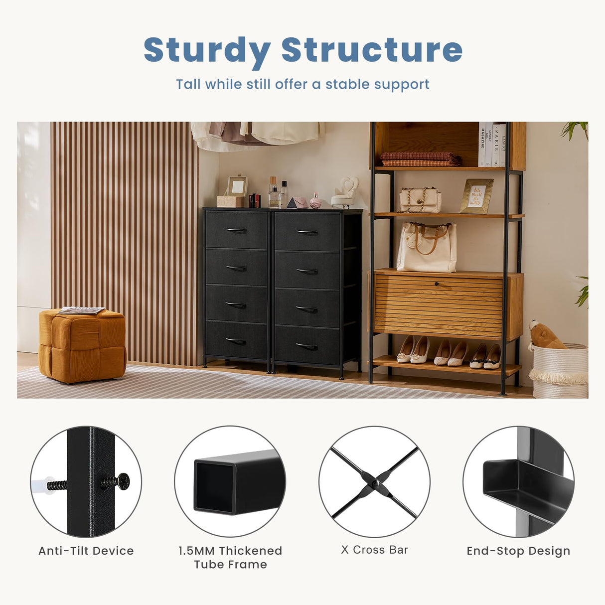 DUMOS 4 Drawers Dresser for Bedroom, Chest of Drawers, Closet Storage with 4 Drawers, Cloth Dresser Clothes Organizers Tower with Fabric Bins, Metal Frame, Wood Tabletop DUMOS