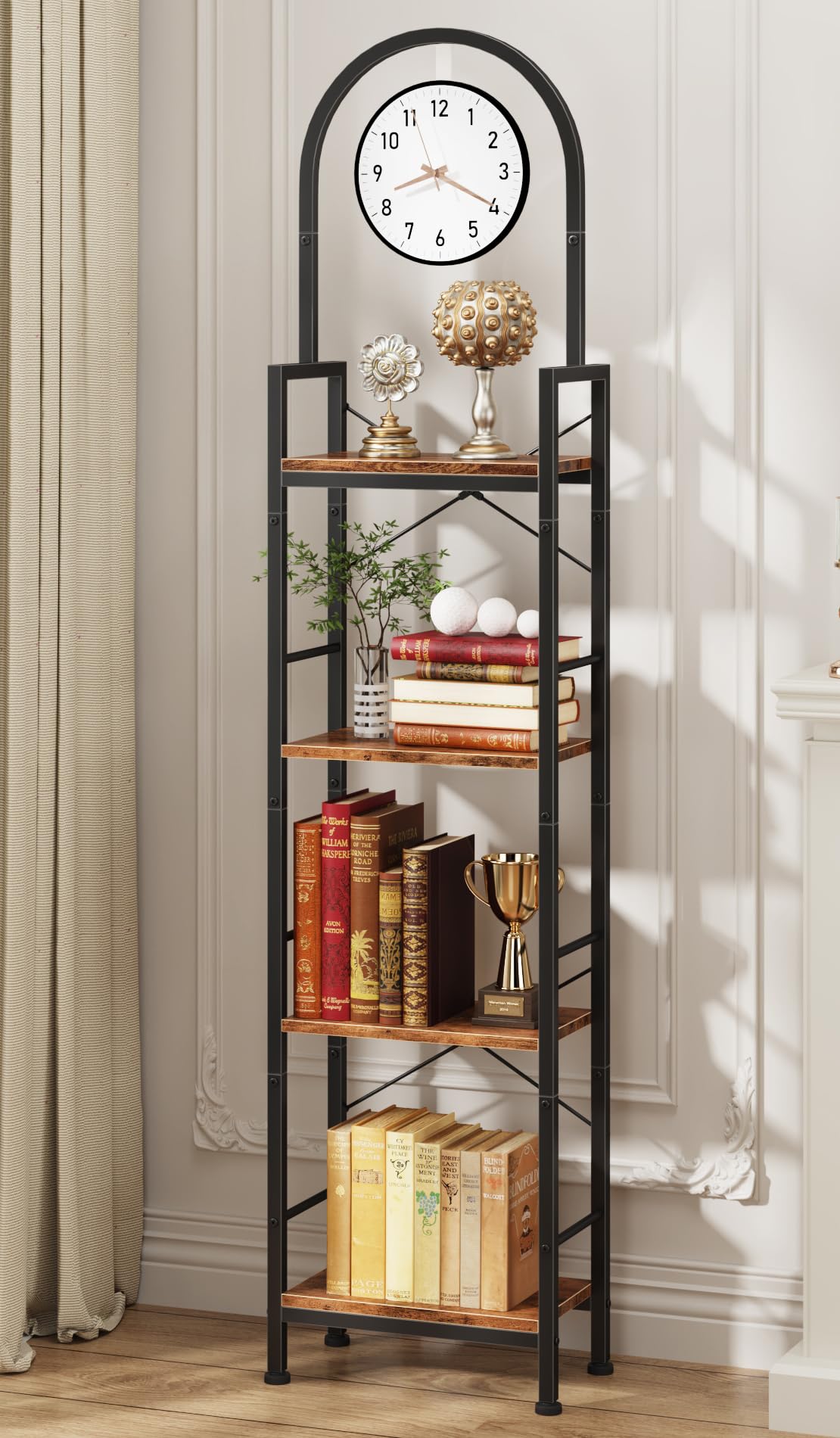 HIGDBFE Bookshelf, 4 Tier Arched Bookshelf with Built-in Clock, 68.2" Tall Narrow Bookcase, Modern Standing Book Shelf for Living Room, Bedroom, Home Office, Rustic Brown HIGDBFE
