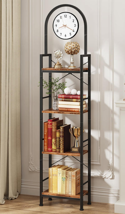 HIGDBFE Bookshelf, 4 Tier Arched Bookshelf with Built-in Clock, 68.2" Tall Narrow Bookcase, Modern Standing Book Shelf for Living Room, Bedroom, Home Office, Rustic Brown