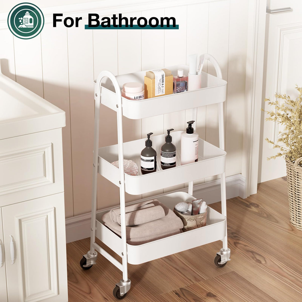 SMUG 3 Tier Rolling Cart - Metal Utility Carts on Lockable Caster Wheels, Mobile Storage Shelves Organizer for Livingroom, Bathroom, Kitchen, Bedroom & Narrow Places, White SMUG