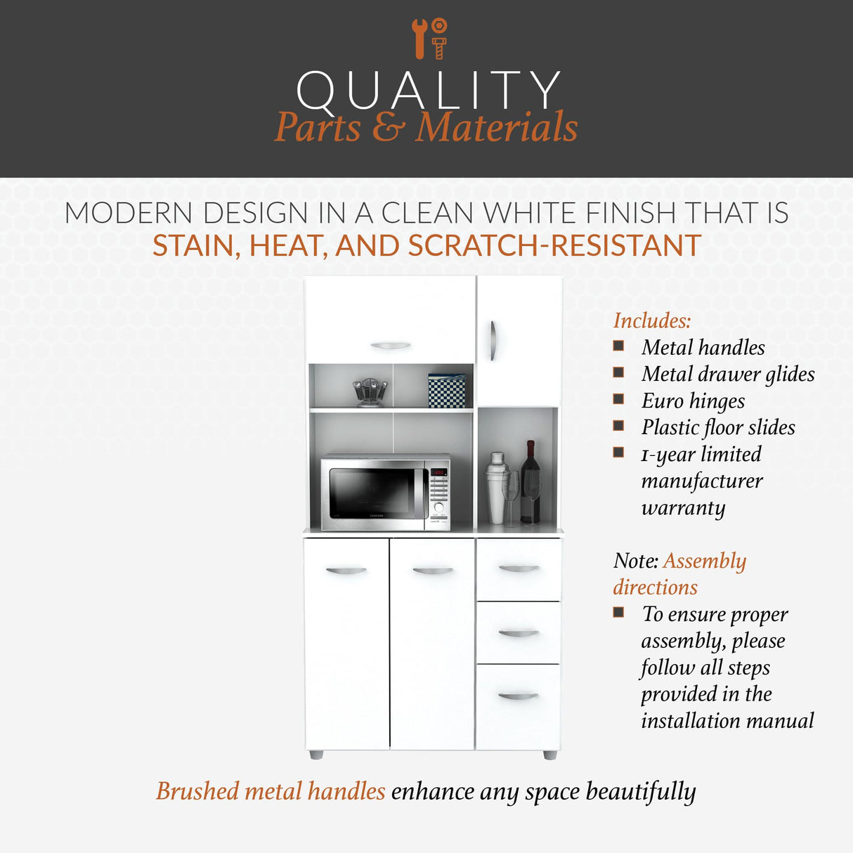 Inval, 71" H x 23.6" W x 17.1" D, White Kitchen Microwave Storage Cabinet with 3 Drawers, Kitchenette Standing Pantry Inval