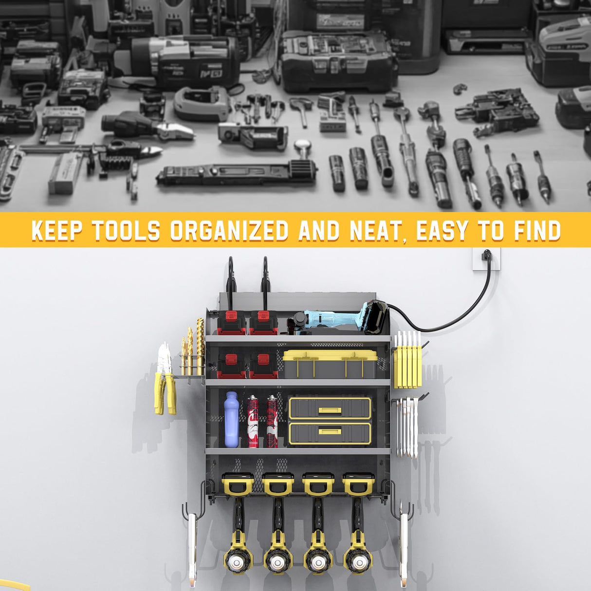 Drill Holder Wall Mount with 8-Outlet Charging Station, 190lbs Load 4 Layers Carbon Steel Heavy Duty Power Tool Organizer Wall Mount for Garage & Workshop, 4 Drill Holders, Modular Pegboard Rack OKKMAX