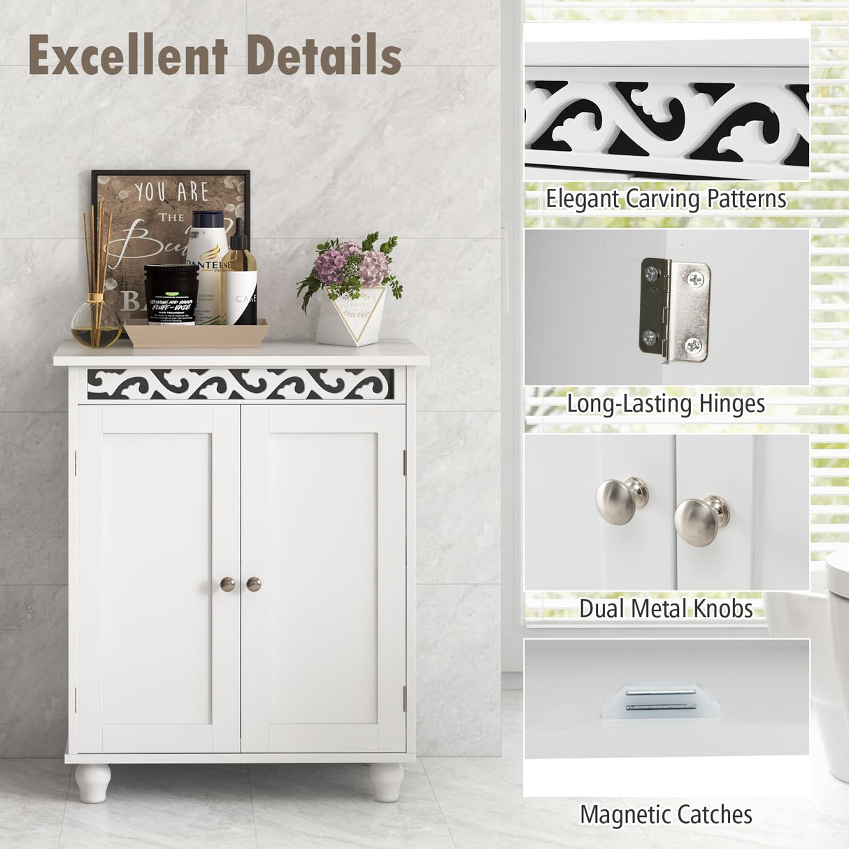 Tangkula Classic White Bathroom Storage Cabinet with Adjustable Shelf and Solid Wood Legs Tangkula