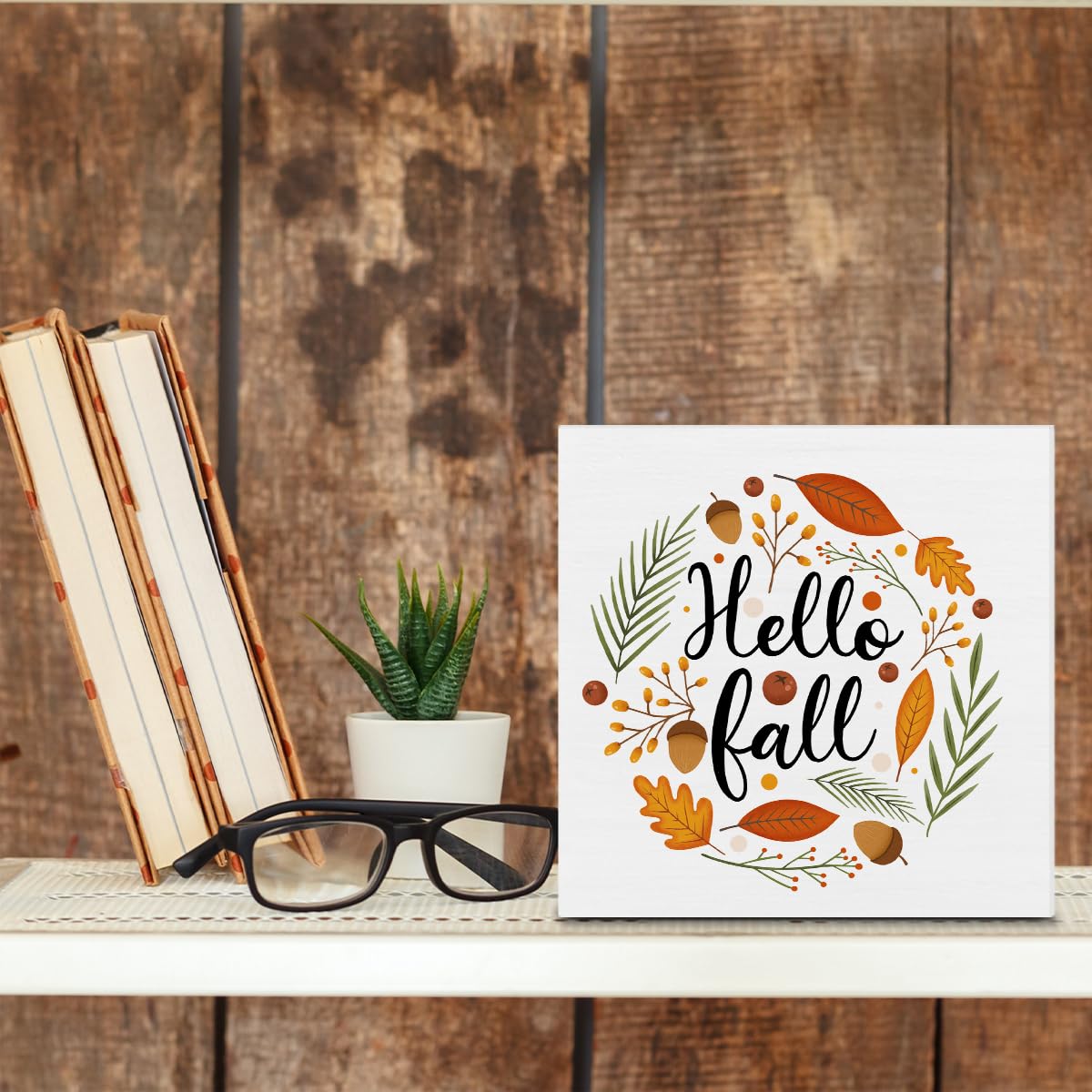 Fall Decor Autumn Leaves Wood Sign Hello Fall Decorations Farmhouse Home Table Desk Decor (5 x 5 Inches) Zauly