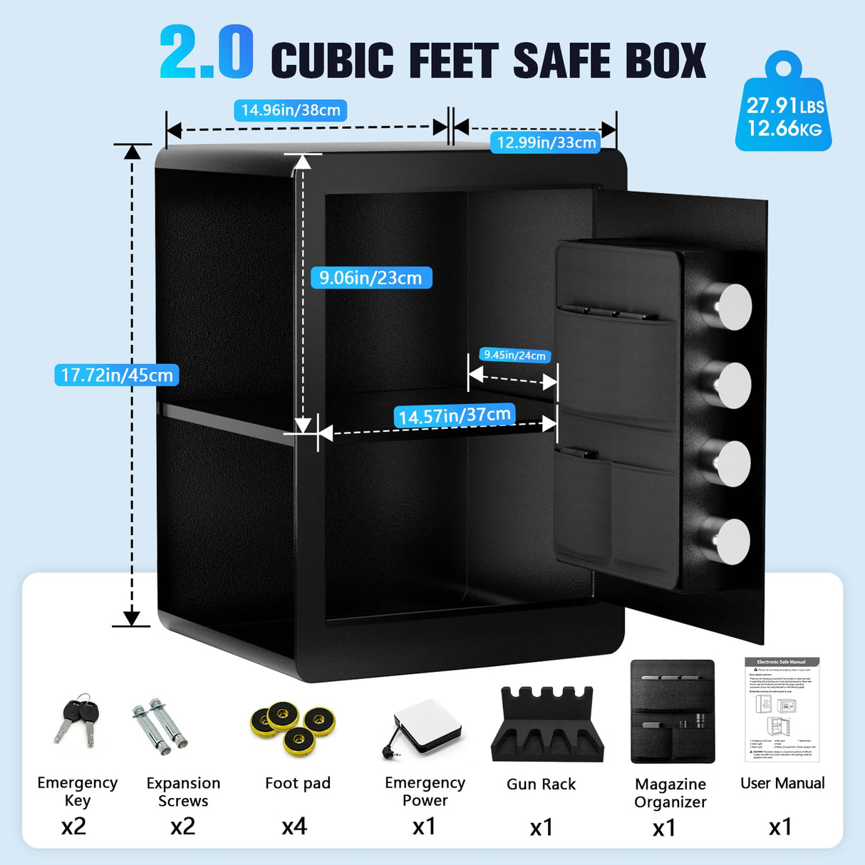 Gun Safe, 2.0 Cu ft Gun Safe for Handgun with Pistol Rack Door Organizer, Pistol Safe with Digital Electronic Keypad, Alarm Home Safe with Adjustable Shelf, Fixable Silent Safe for Valuables Dononr