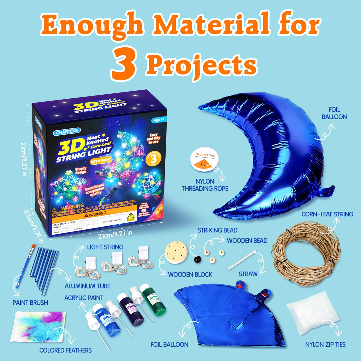 CHARTEKS 3D String Light Craft Kit with Paint for Kids, 3 Projects Pack String Art Kit with 60 LED Bulbs, Wind Chime, Arts and Crafts Set, Birthday Gifts for Girls and Boys Ages 8+ (Corn-Leaf String) CHARTEKS