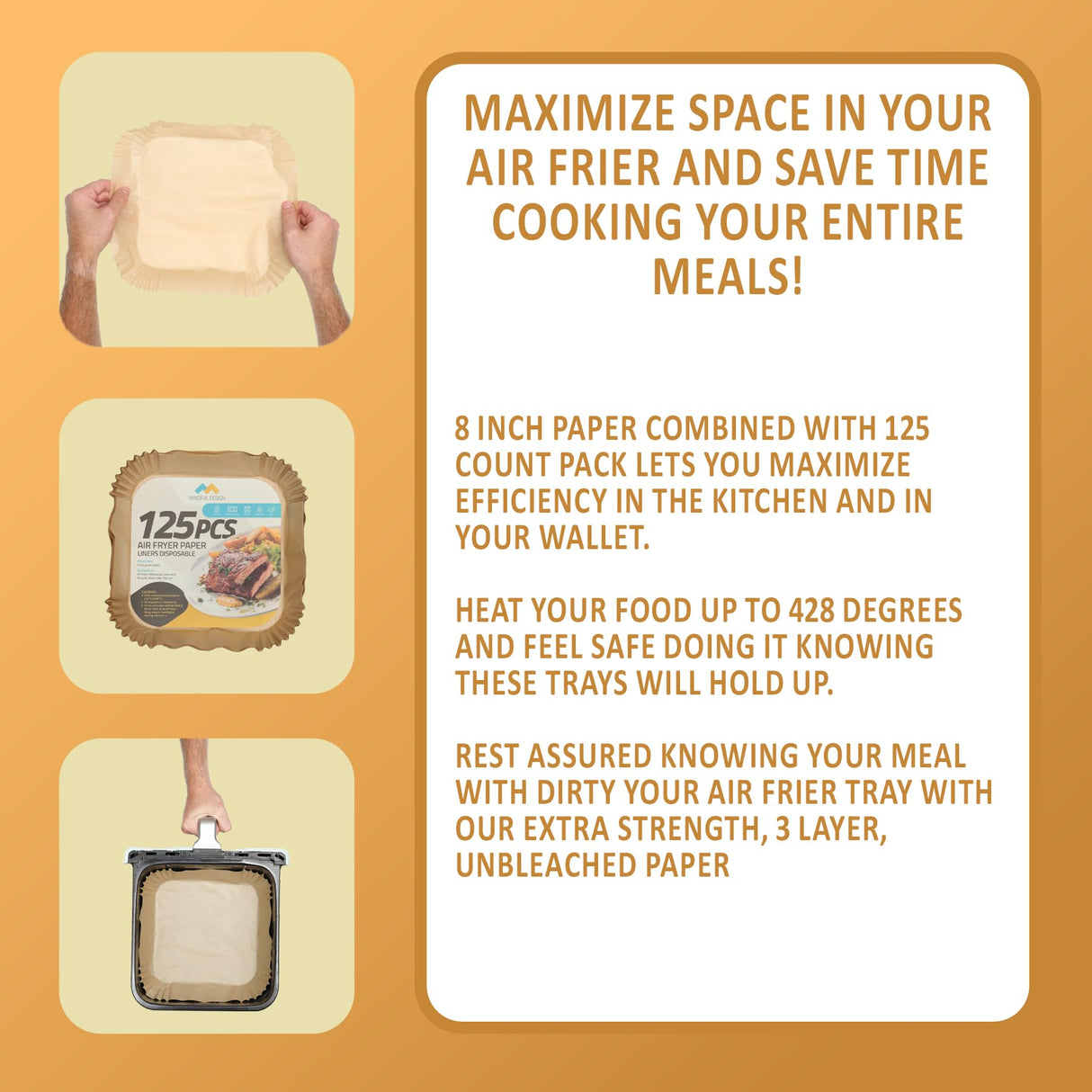 Mindful Design Air Fryer Paper Liners,125Pcs Parchment Paper, Air Fryer Disposable Paper Liner for Microwave, Non-Stick Air Fryer Liners Square Free of Bleach (8IN) Mindful Design