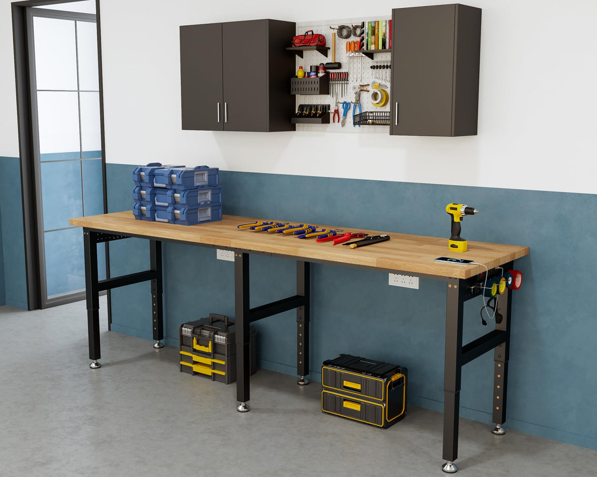 SPECRAFT 96“ Adjustable Heavy Duty Workbench with 4 AC Outlet and 2 USB Ports Power Outlets, 5000 Lbs Capacity, Rubber Wood Top for Garage, Workshop, Office SPECRAFT